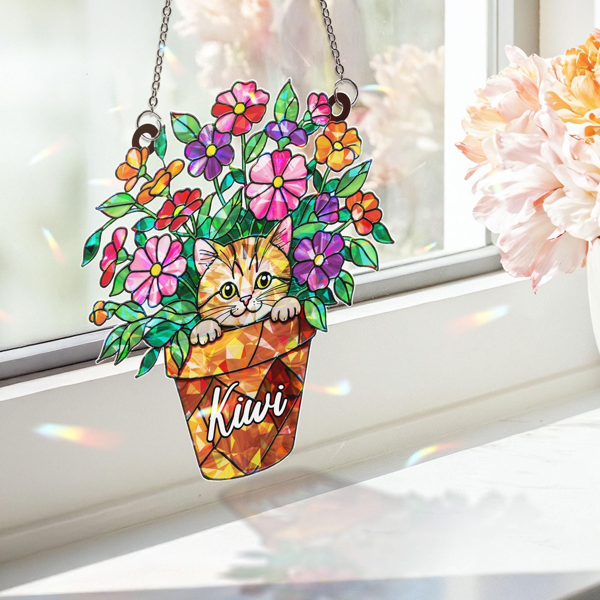 Personalized Cat And Flower Window Hanging, Custom Name Peeking Kitten in Flower Pot, Cat Lover Gift, Kitty in Flower Pot Ornament