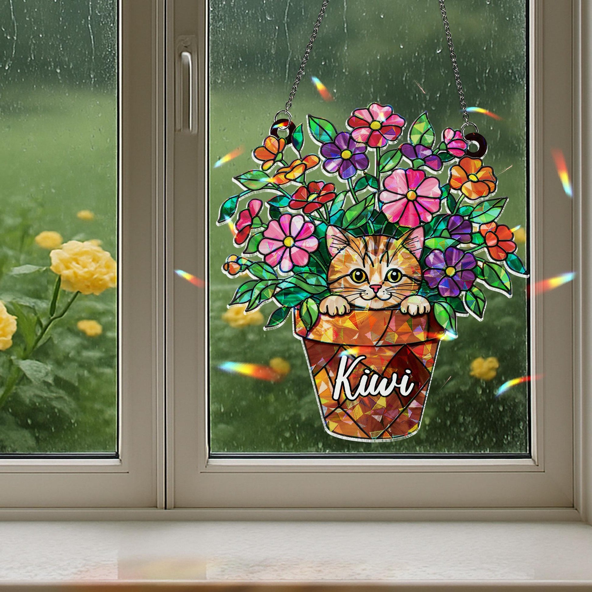 Personalized Cat And Flower Window Hanging, Custom Name Peeking Kitten in Flower Pot, Cat Lover Gift, Kitty in Flower Pot Ornament