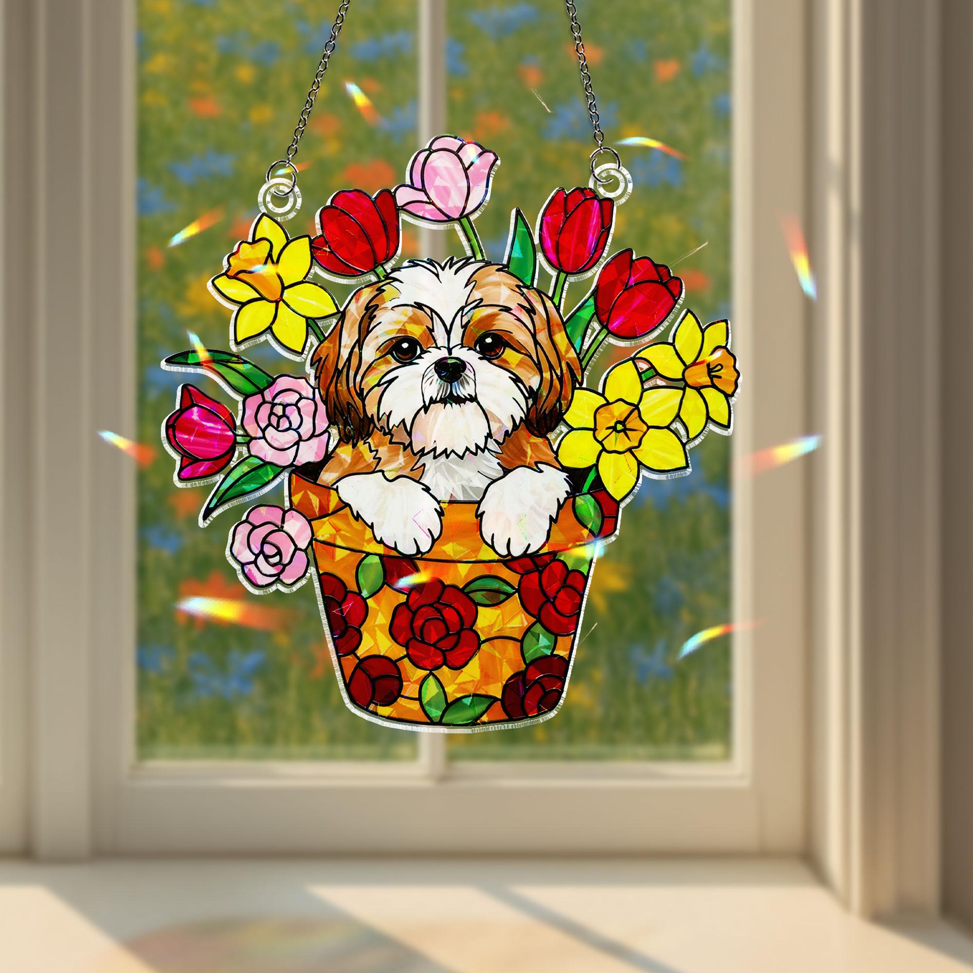Shih Tzu Dog in Flower Pot Acrylic Window Hanging Ornament, Cute Puppy Floral Decor, Dog Lover Gift Idea, Dog Lover Gift, Dog Mom, Dog Dad