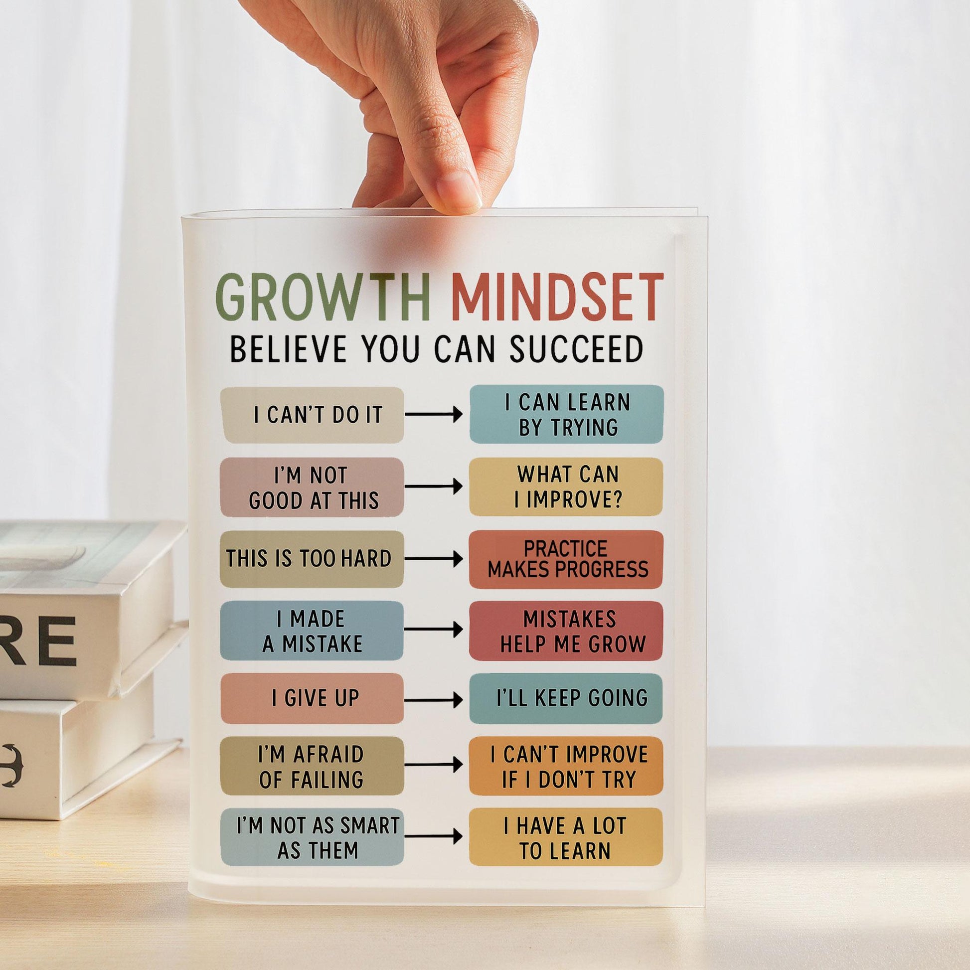 Growth Mindset Acrylic Book Vase, Clear Motivational Flower Holder, Inspirational Quote Desk Decor, Unique Teacher Classroom Office Gift