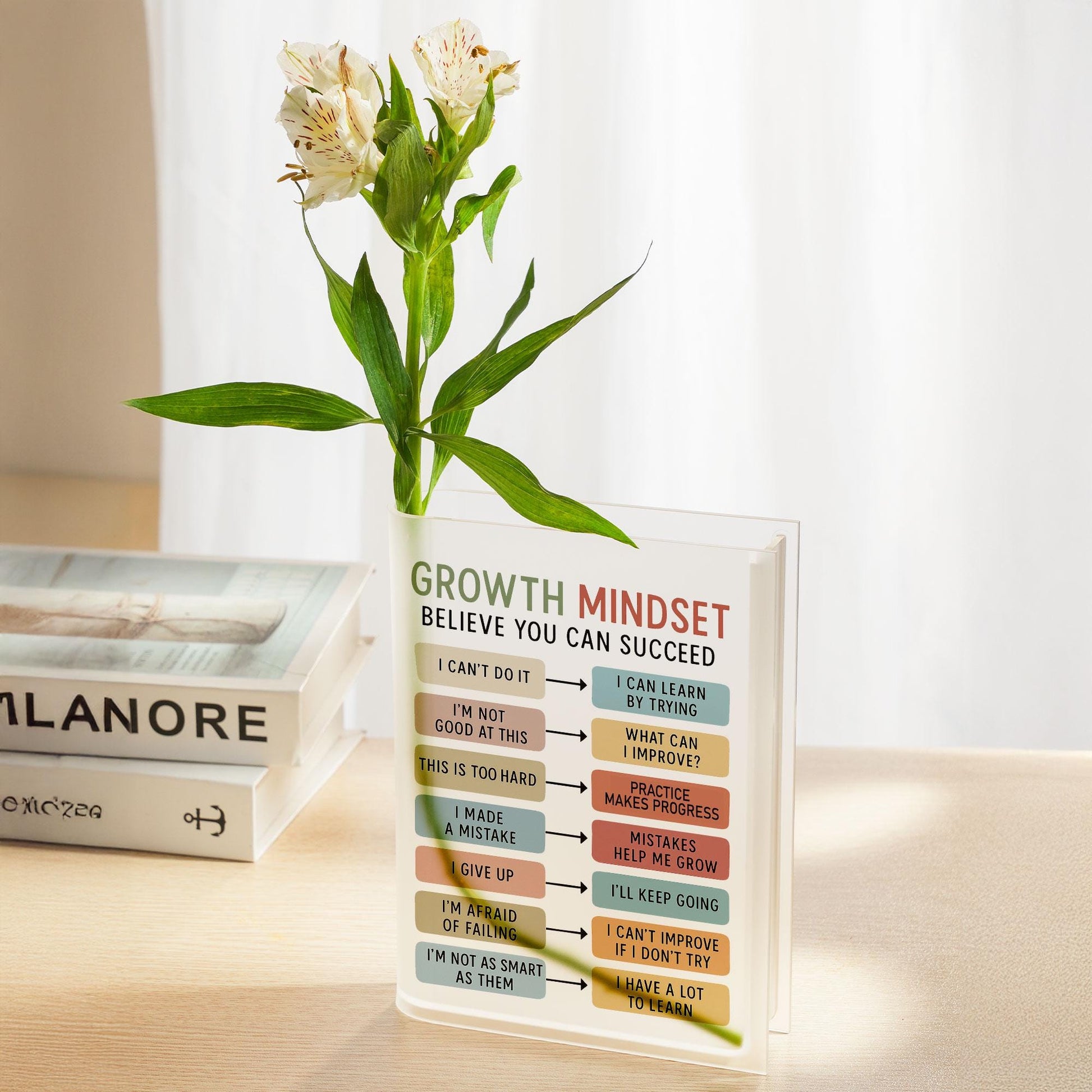 Growth Mindset Acrylic Book Vase, Clear Motivational Flower Holder, Inspirational Quote Desk Decor, Unique Teacher Classroom Office Gift