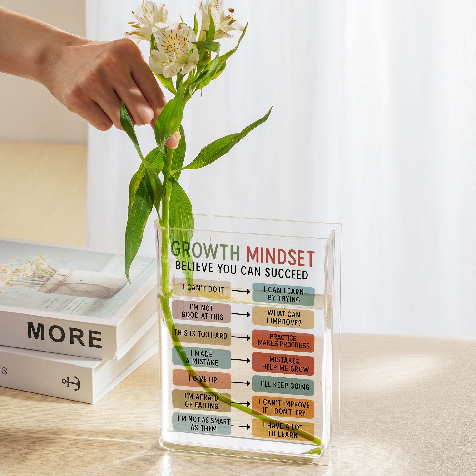 Growth Mindset Acrylic Book Vase, Clear Motivational Flower Holder, Inspirational Quote Desk Decor, Unique Teacher Classroom Office Gift