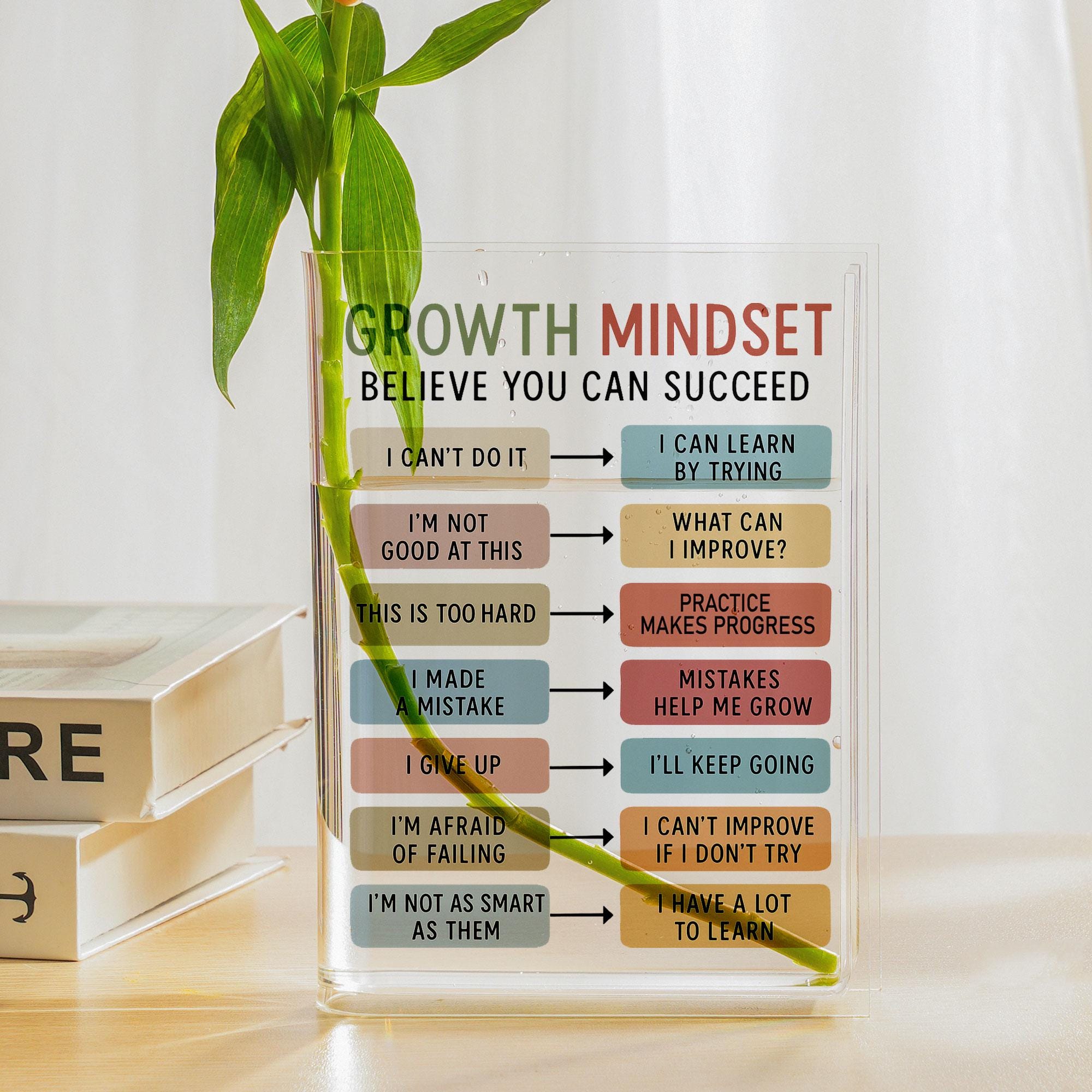 Growth Mindset Acrylic Book Vase, Clear Motivational Flower Holder, Inspirational Quote Desk Decor, Unique Teacher Classroom Office Gift