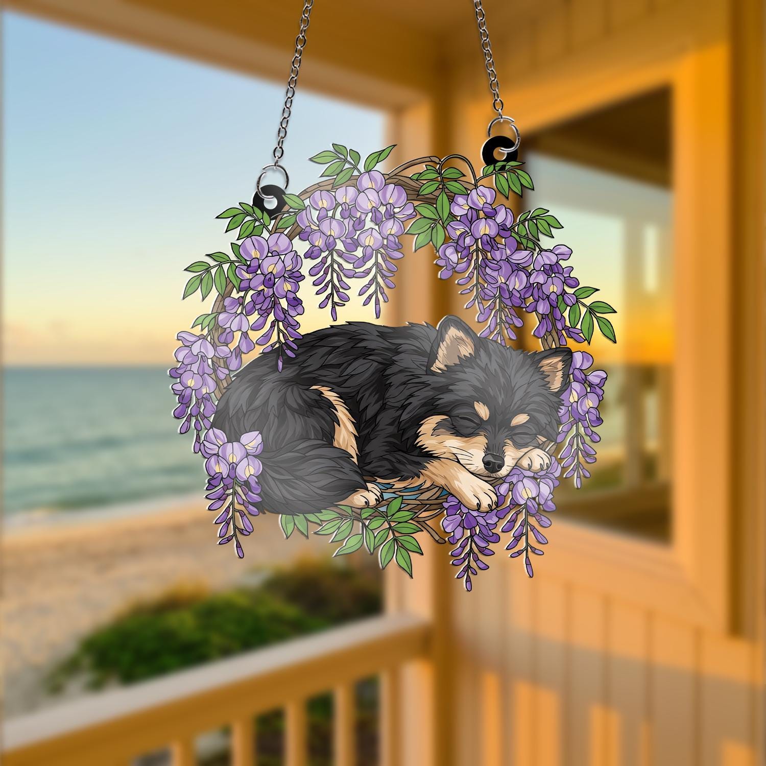 Pomeranian ACRYLIC Window Hanging, Sleeping Dog Window Hanging, Wisteria Acrylic Decor, Fluffy Dog Ornament, Pet Lover Gift,Dog Memorial Art
