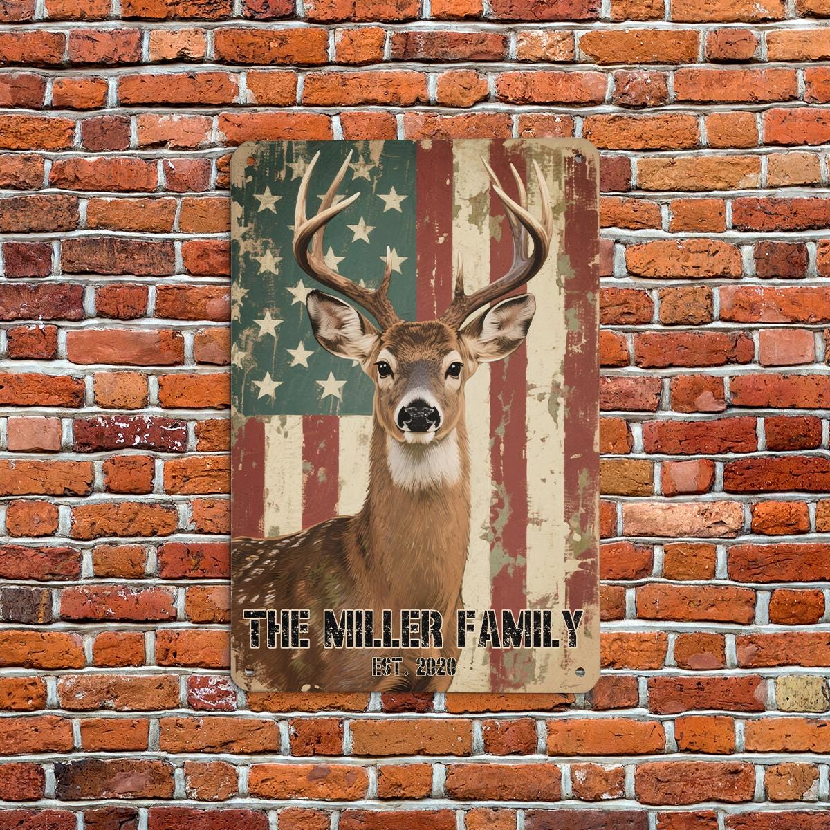 Personalized Deer Family Name Sign with American Flag Background - Rustic Hunter Decor - Custom Cabin Wall Art - Hunting Lover Gift