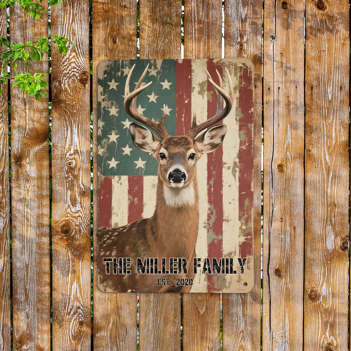 Personalized Deer Family Name Sign with American Flag Background - Rustic Hunter Decor - Custom Cabin Wall Art - Hunting Lover Gift