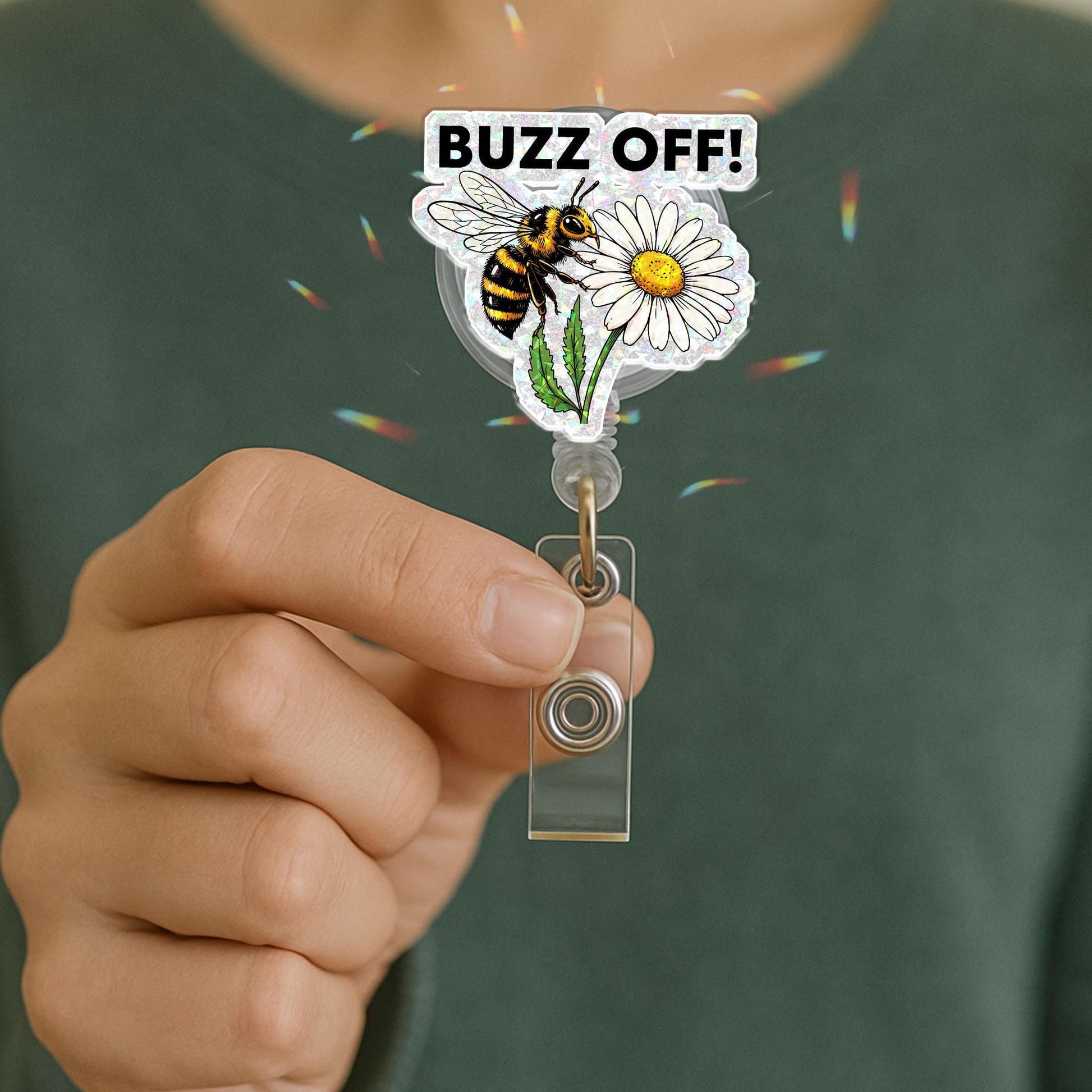 Buzz Off Funny Bee Badge Reel, Cute Daisy Flower Retractable ID Holder, Sassy Acrylic Clip for Nurse Teacher Office, Floral Nature Gift Idea