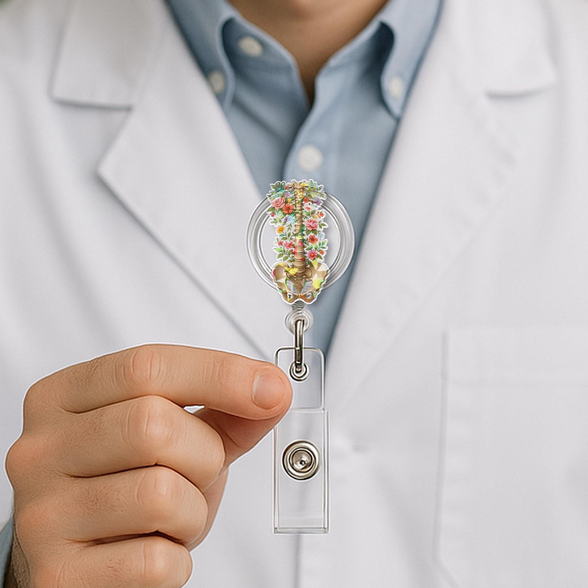 Floral Spine & Pelvis Badge Reel – Mother's Day Gift, Anatomical ID Holder, Medical Accessory, Nurse Gift, Nature Inspired Clip