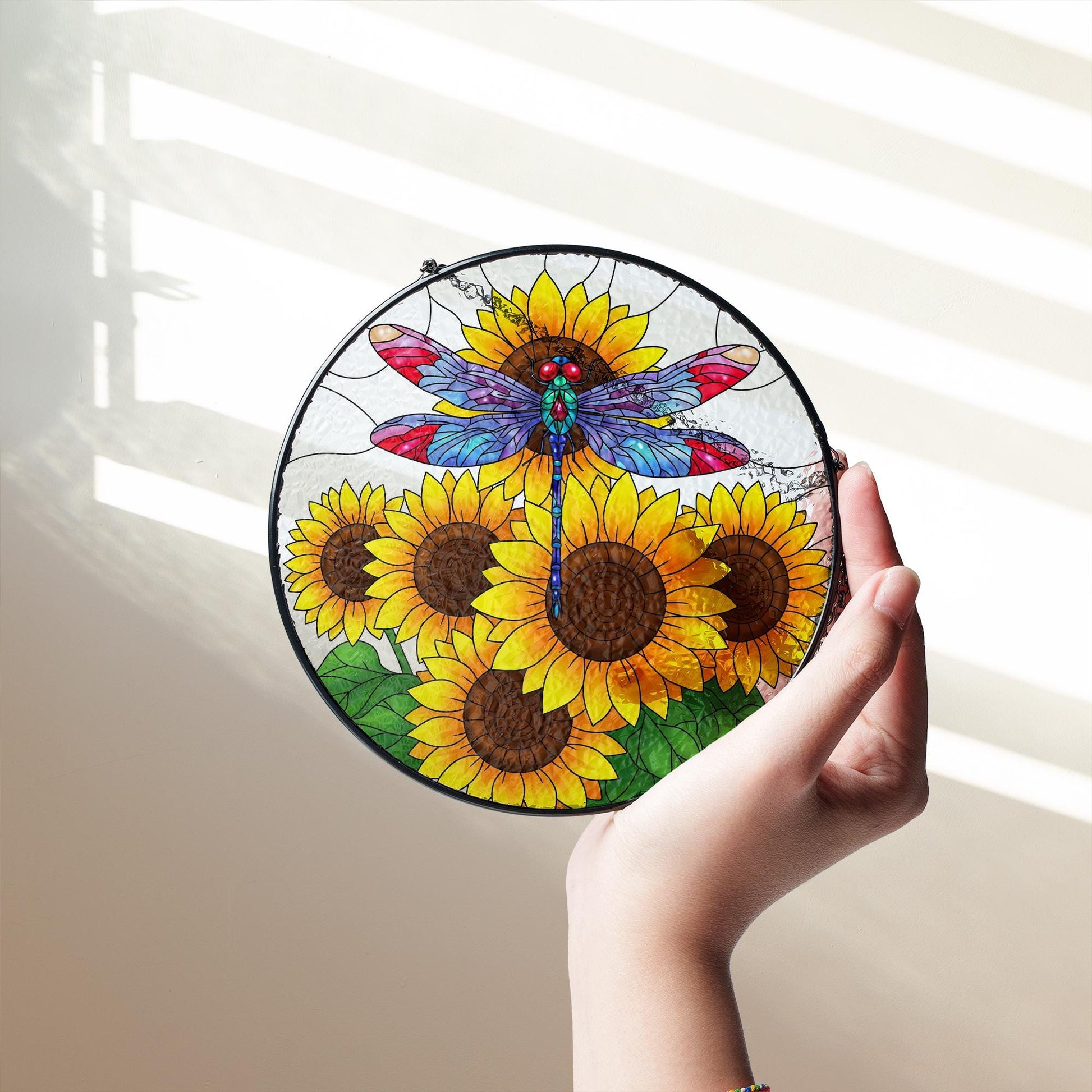 Dragonfly & Sunflowers Glass Suncatcher – Colorful Stained Glass Style Hanging Art – Window Decor for Garden, Home, or Gift Giving
