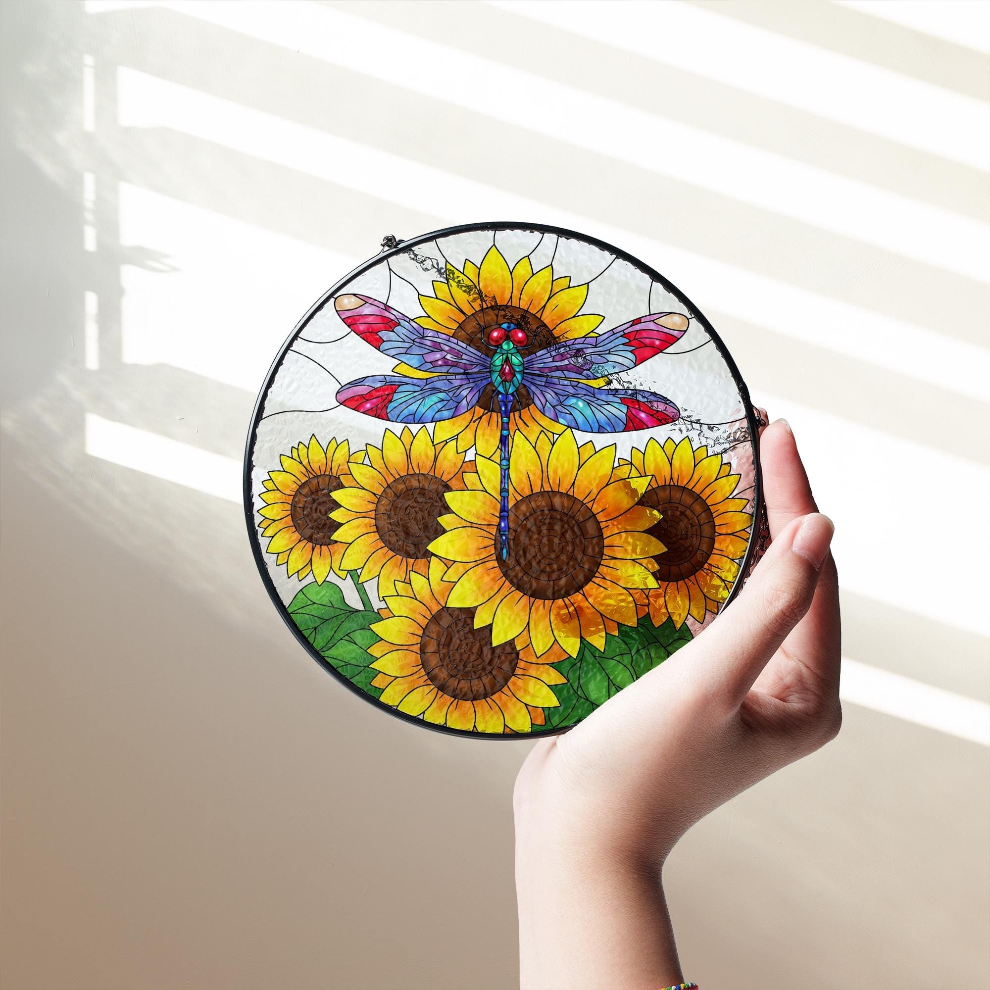 Dragonfly & Sunflowers Glass Suncatcher – Colorful Stained Glass Style Hanging Art – Window Decor for Garden, Home, or Gift Giving