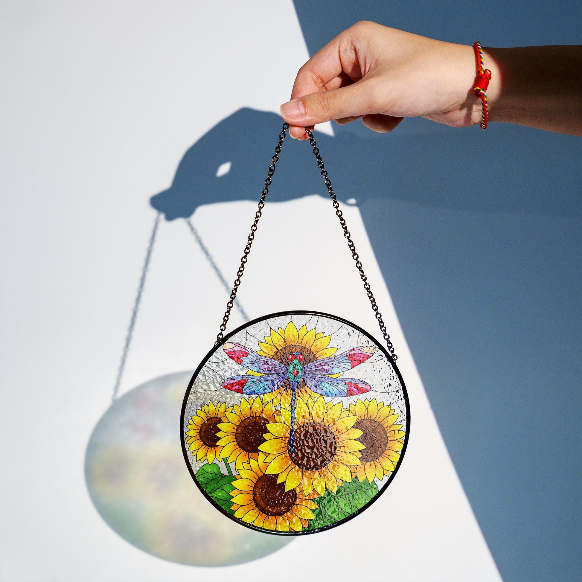 Dragonfly & Sunflowers Glass Suncatcher – Colorful Stained Glass Style Hanging Art – Window Decor for Garden, Home, or Gift Giving