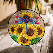 Dragonfly & Sunflowers Glass Suncatcher – Colorful Stained Glass Style Hanging Art – Window Decor for Garden, Home, or Gift Giving