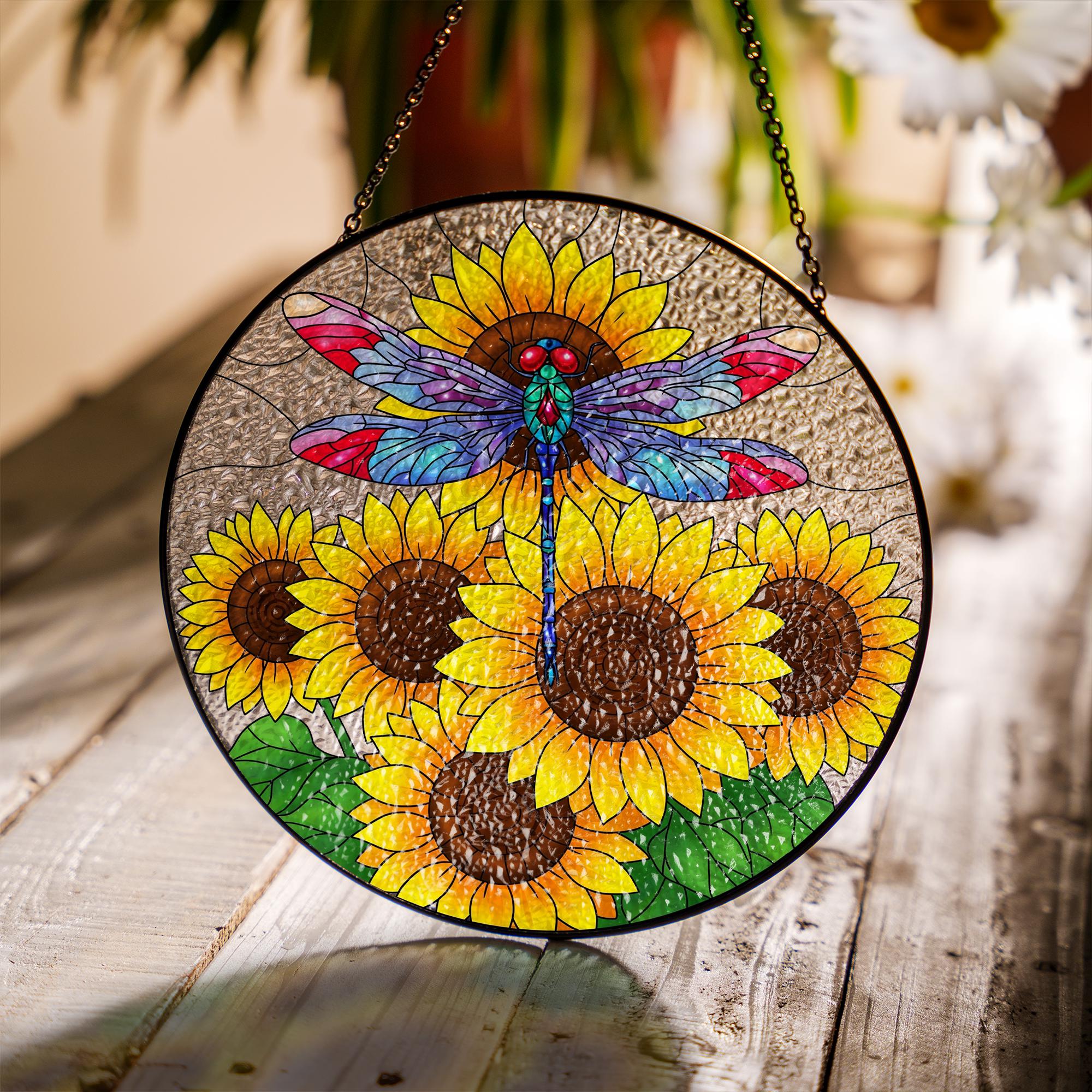 Dragonfly & Sunflowers Glass Suncatcher – Colorful Stained Glass Style Hanging Art – Window Decor for Garden, Home, or Gift Giving