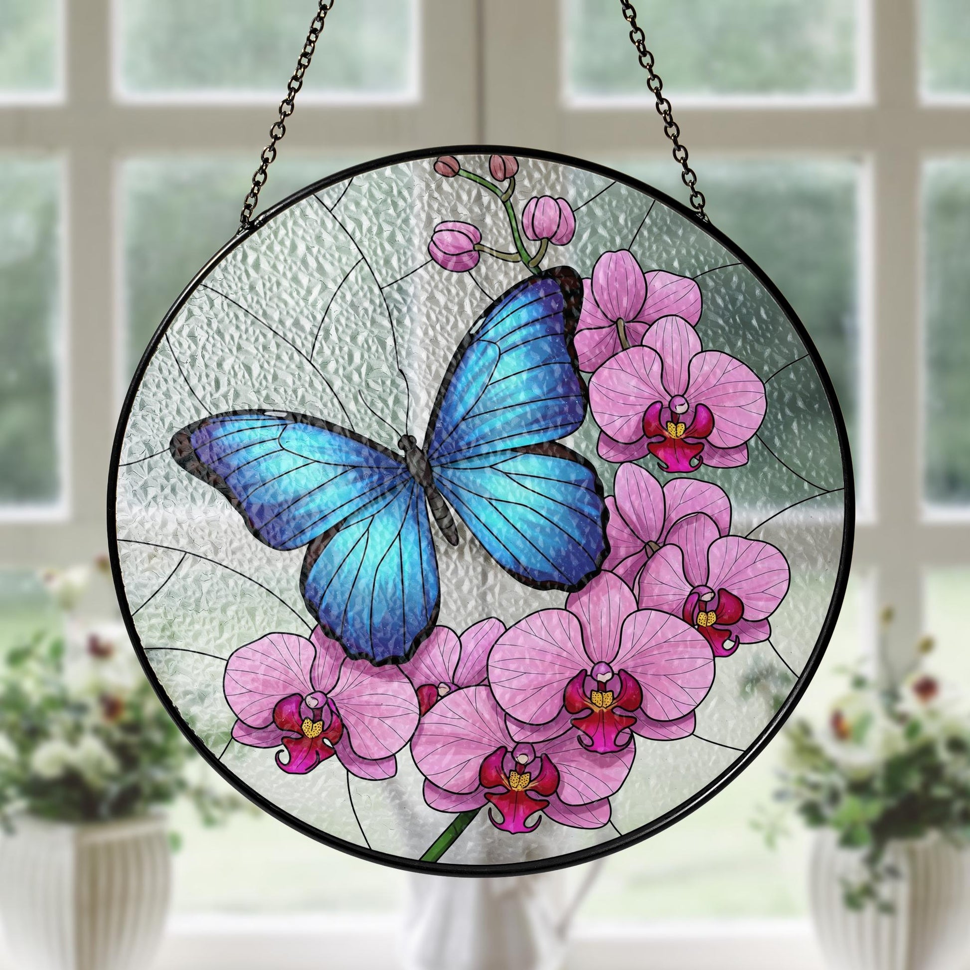 Blue Morpho & Orchid Glass Suncatcher – Mother’s Day Gift, Butterfly Window Decor, Floral Art Gift, Nature Lover Sun Catcher