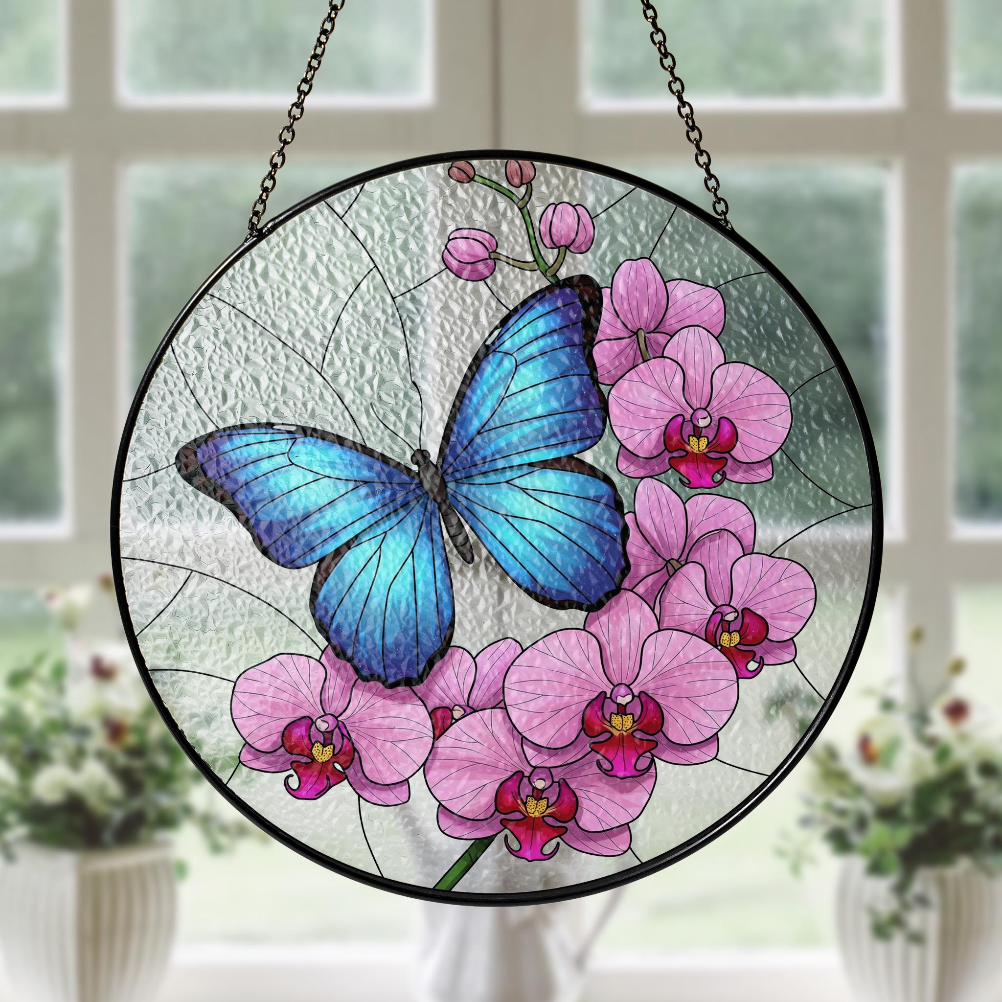 Blue Morpho & Orchid Glass Suncatcher – Mother’s Day Gift, Butterfly Window Decor, Floral Art Gift, Nature Lover Sun Catcher