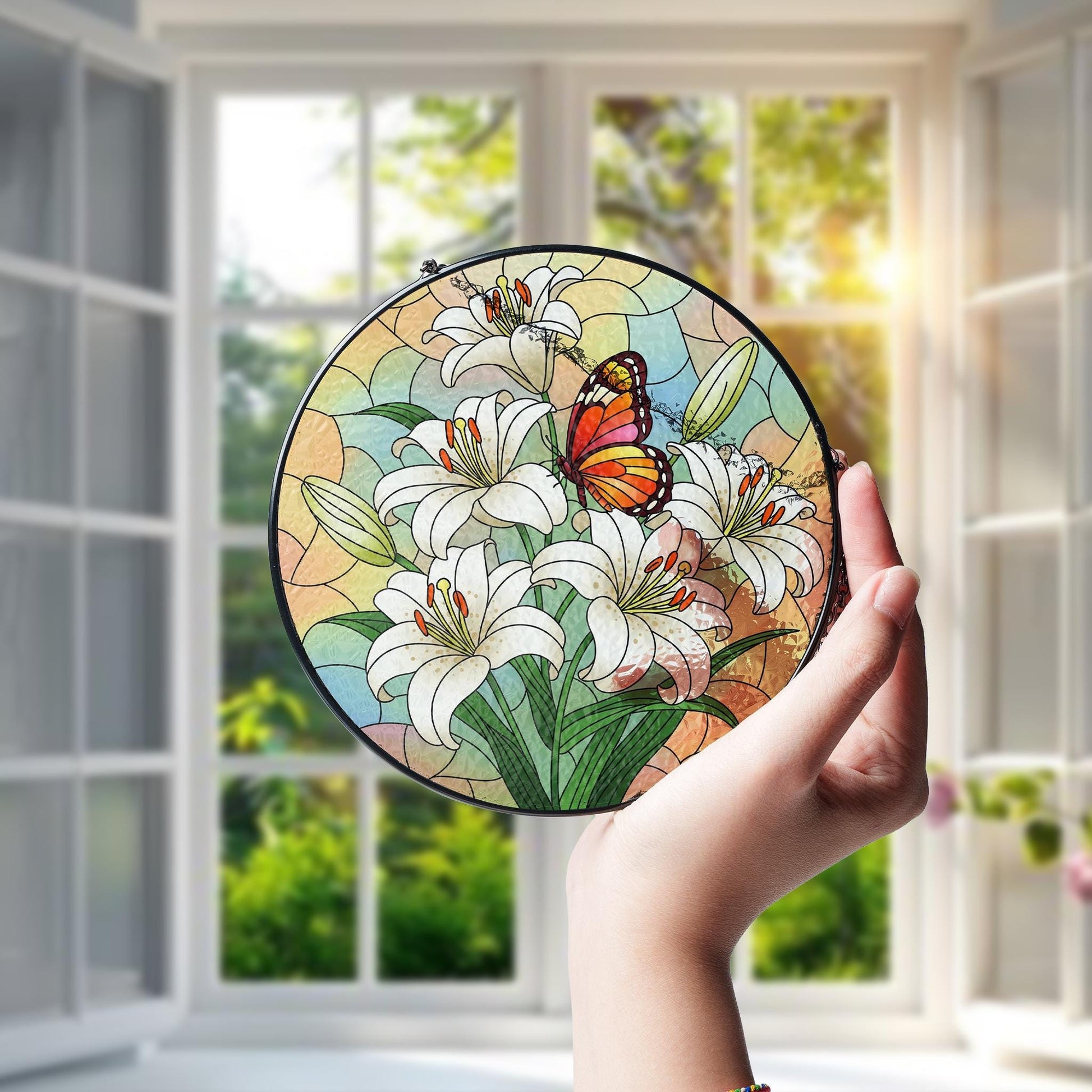 Lilies & Butterfly Glass Suncatcher – Mother’s Day Gift, Floral Window Decor, Garden Lover Gift, Spring Butterfly Ornament