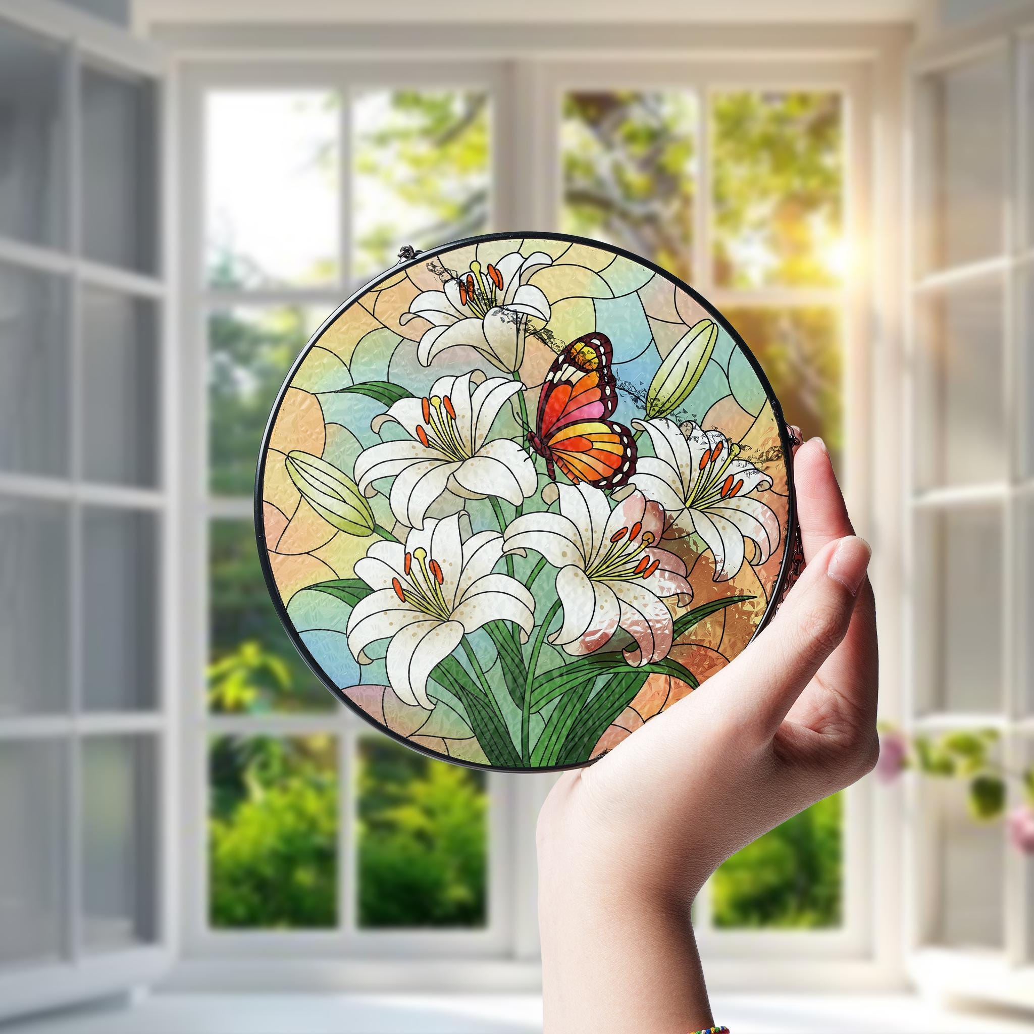 Lilies & Butterfly Glass Suncatcher – Mother’s Day Gift, Floral Window Decor, Garden Lover Gift, Spring Butterfly Ornament