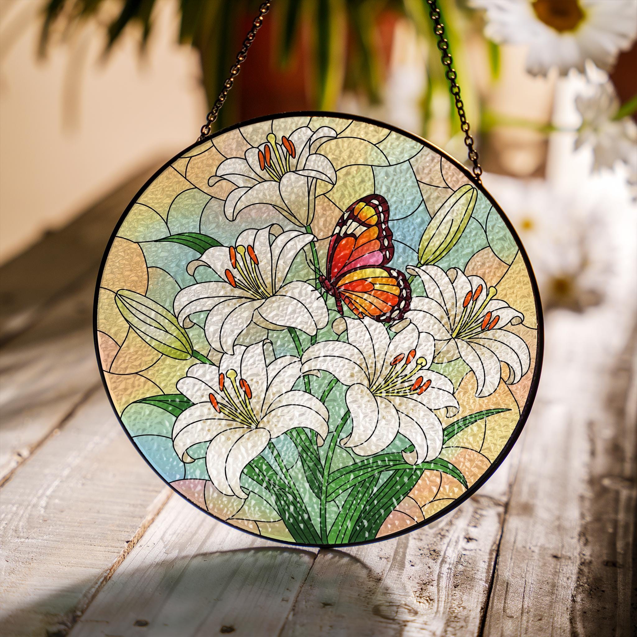 Lilies & Butterfly Glass Suncatcher – Mother’s Day Gift, Floral Window Decor, Garden Lover Gift, Spring Butterfly Ornament