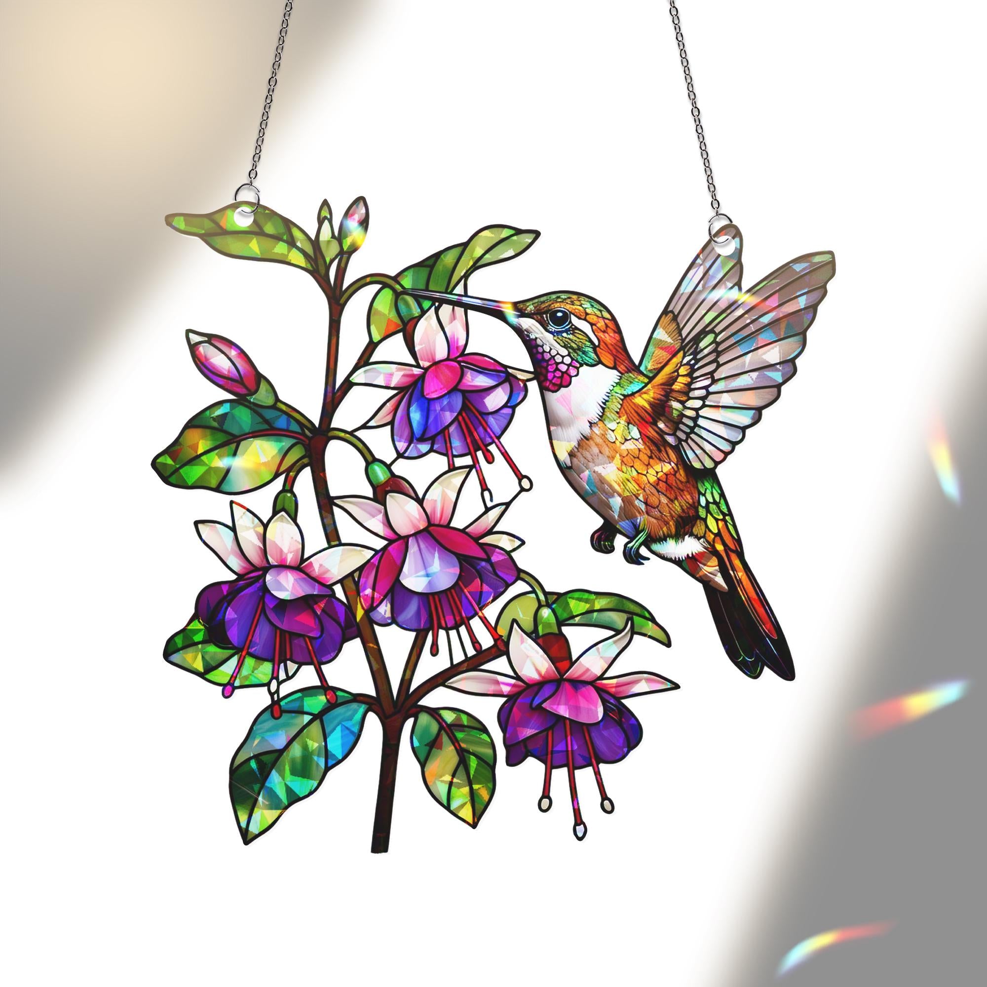 Rufous Hummingbird Fuchsia Window Hanging, Hologram Suncatcher, Garden Bird Decor, Nature Prism Gift