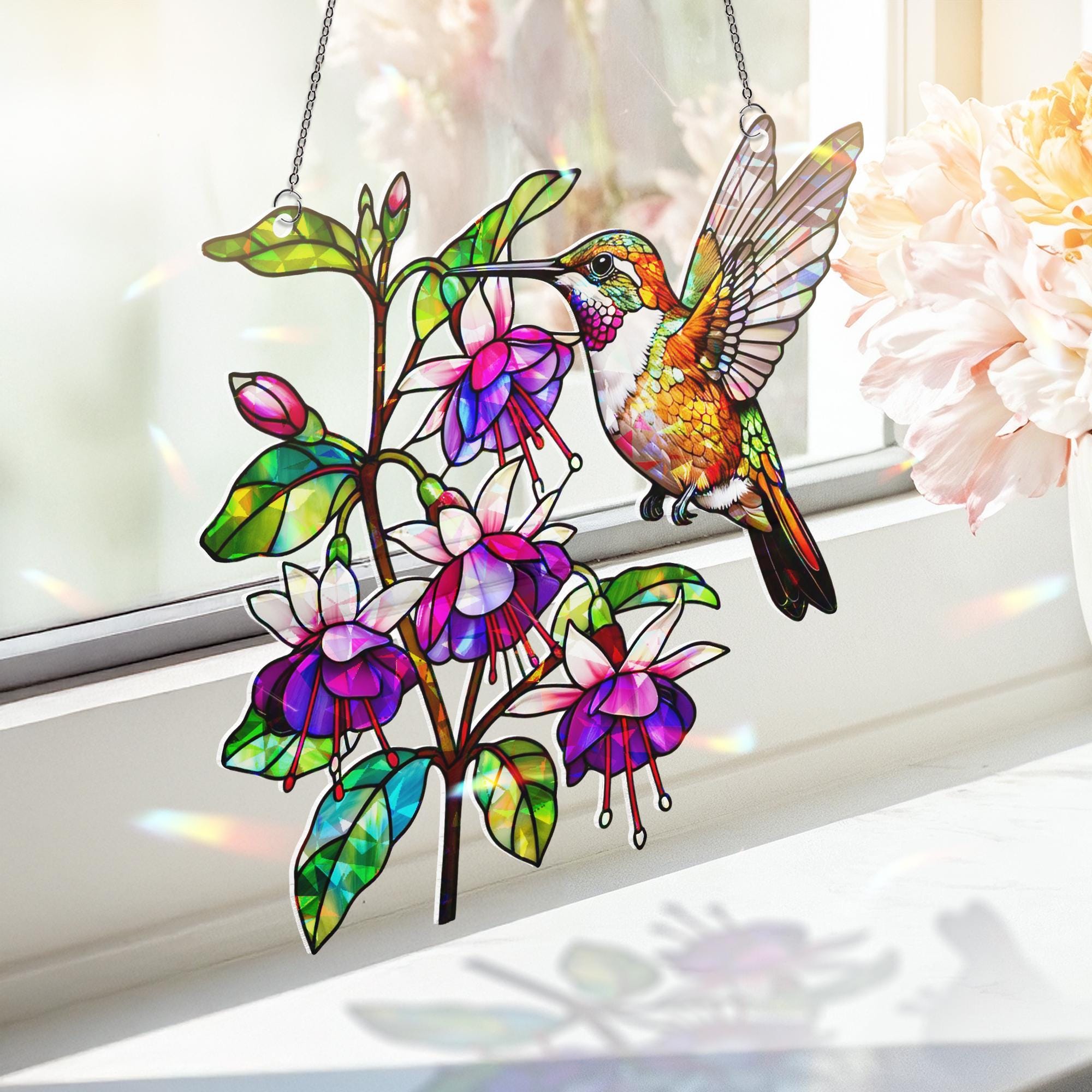Rufous Hummingbird Fuchsia Window Hanging, Hologram Suncatcher, Garden Bird Decor, Nature Prism Gift