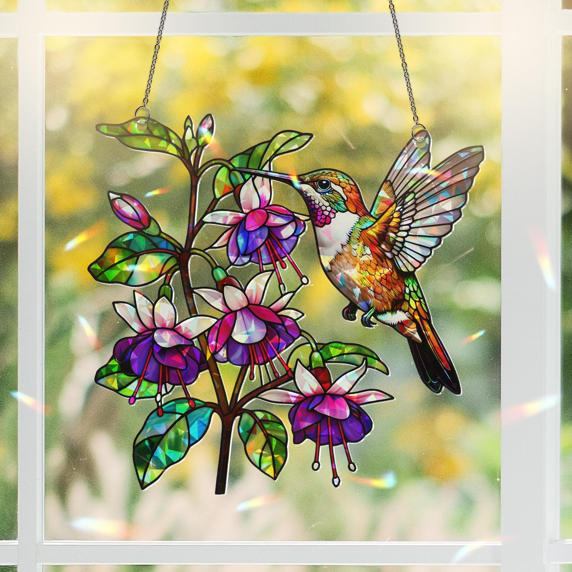 Rufous Hummingbird Fuchsia Window Hanging, Hologram Suncatcher, Garden Bird Decor, Nature Prism Gift