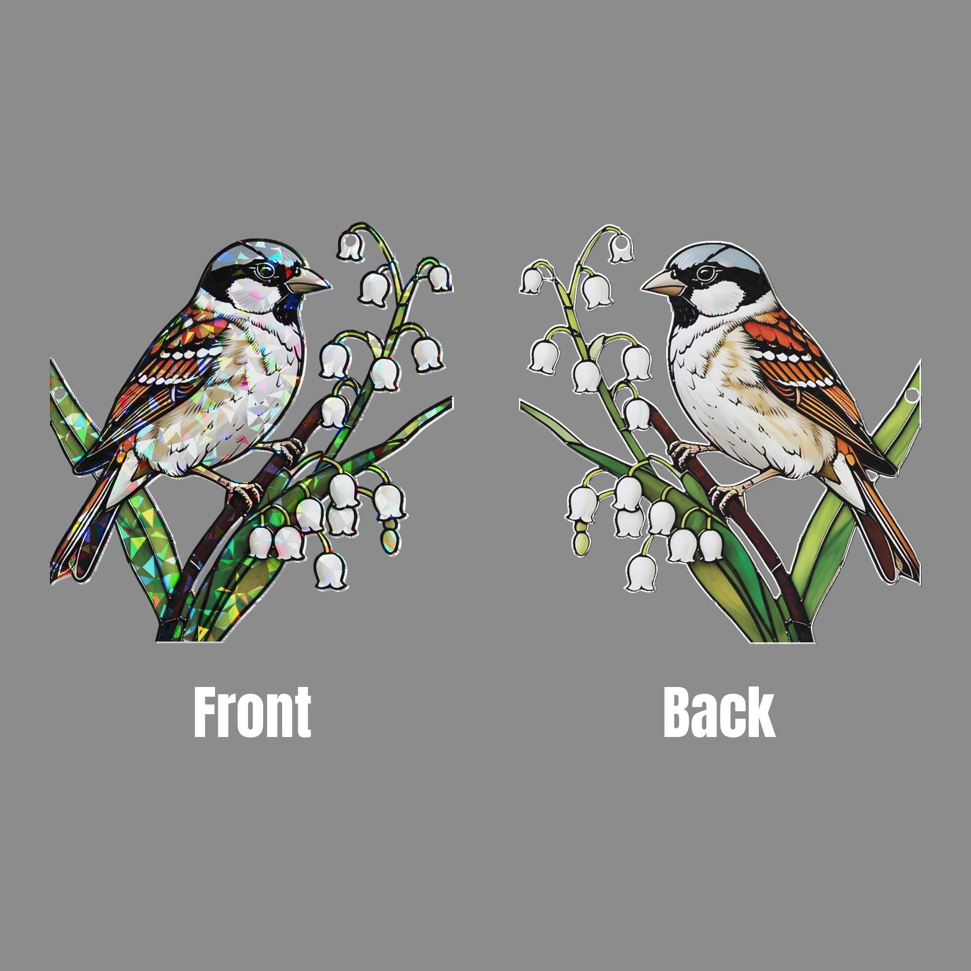 Sparrow and Lily of the Valley Window Hanging, Hologram Bird Suncatcher Window Decor, Nature Prism Decor, Spring Gift Idea