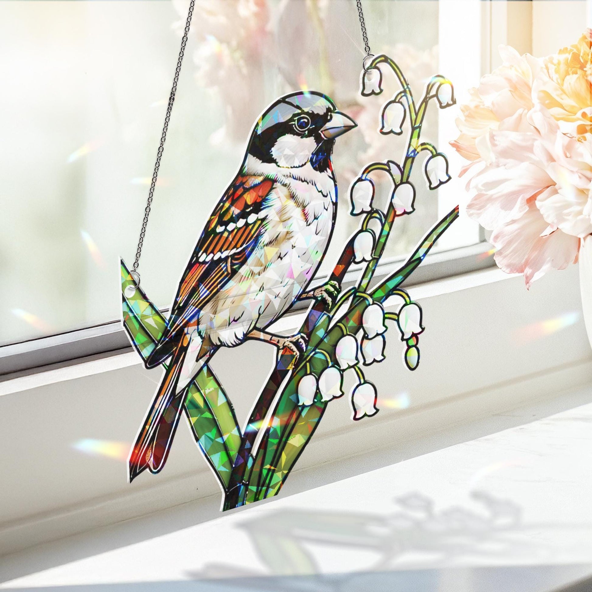 Sparrow and Lily of the Valley Window Hanging, Hologram Bird Suncatcher Window Decor, Nature Prism Decor, Spring Gift Idea