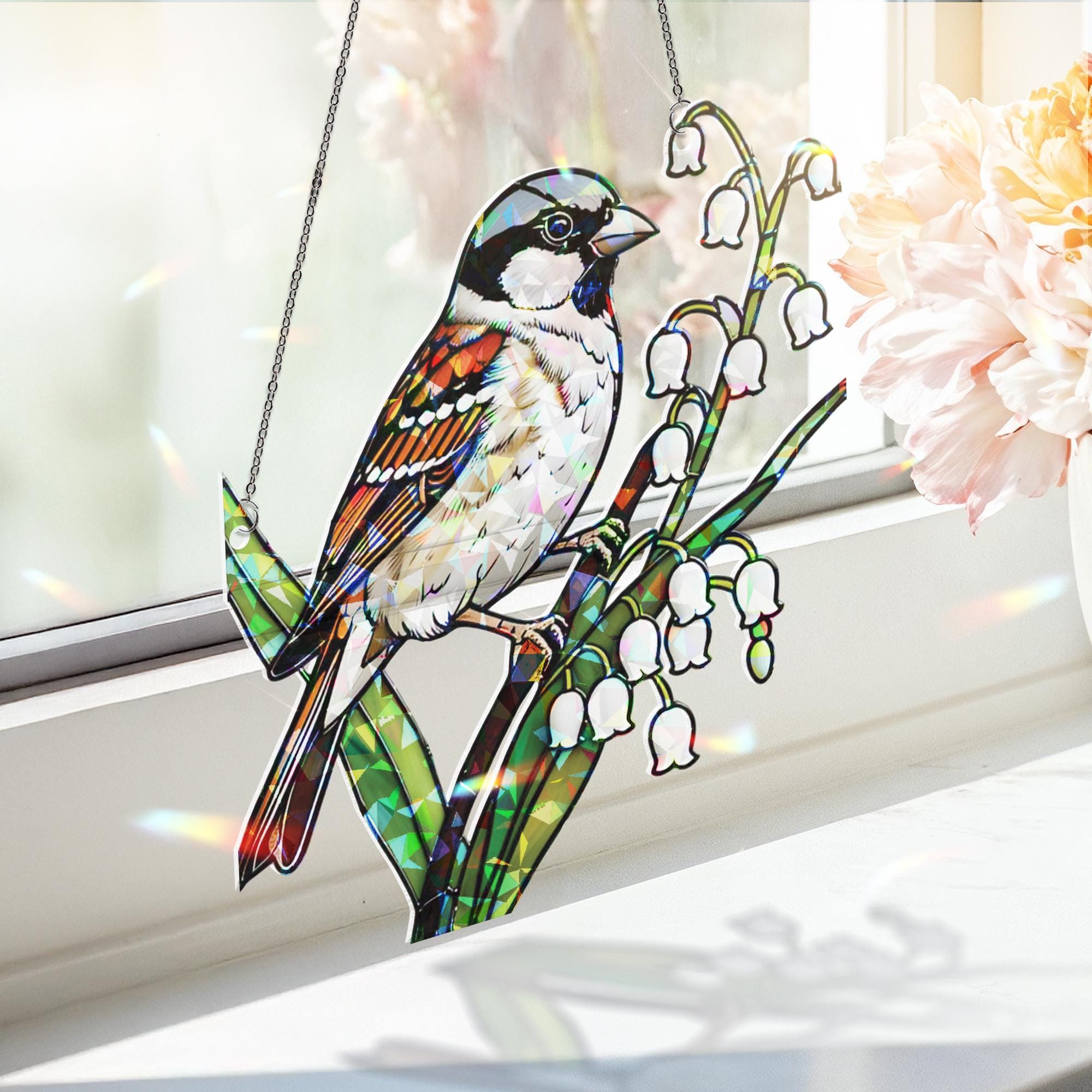Sparrow and Lily of the Valley Window Hanging, Hologram Bird Suncatcher Window Decor, Nature Prism Decor, Spring Gift Idea