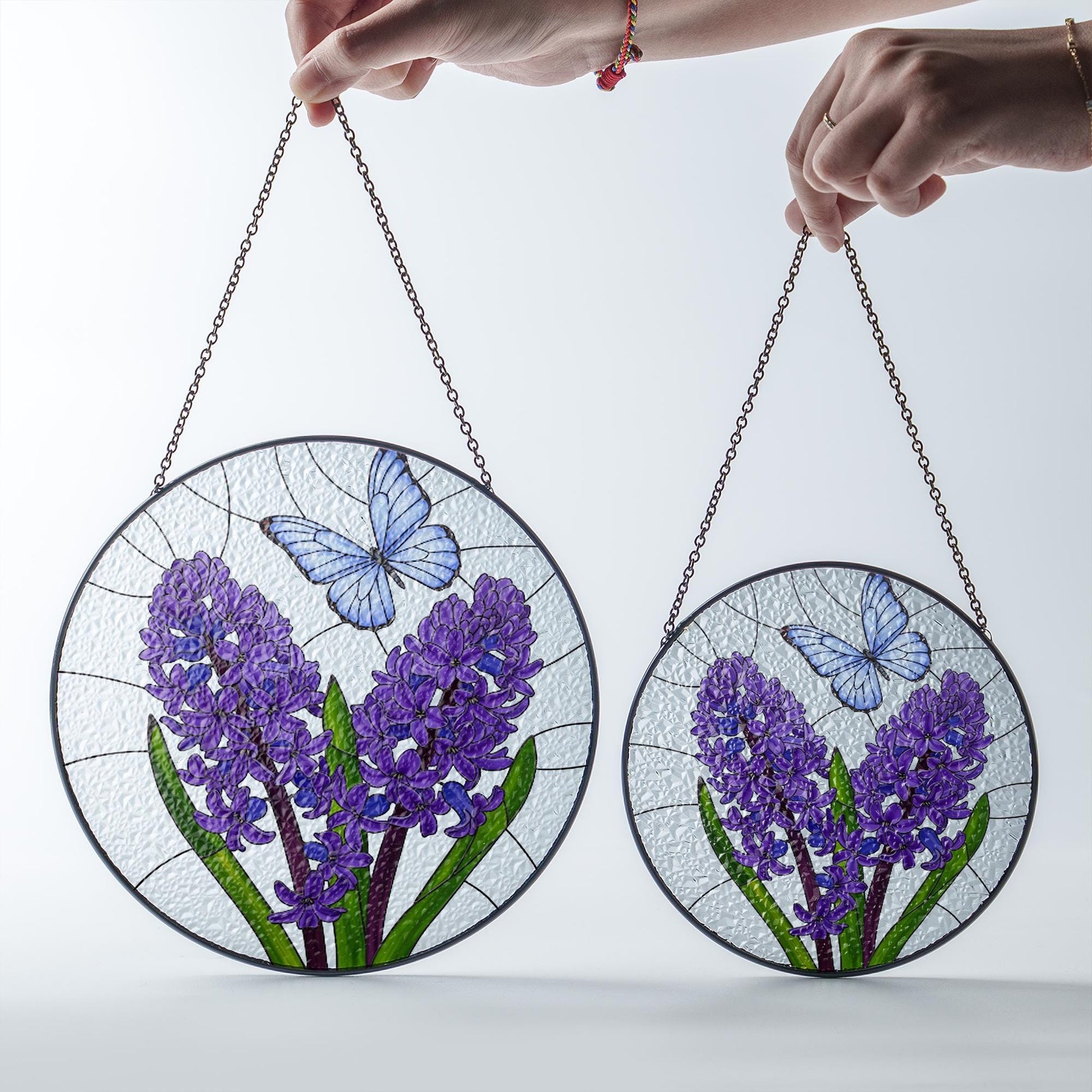 Purple Flowers & Blue Butterfly Glass Suncatcher – Stained Glass Style Hanging Window Decor – Spring Floral Art for Home or Garden