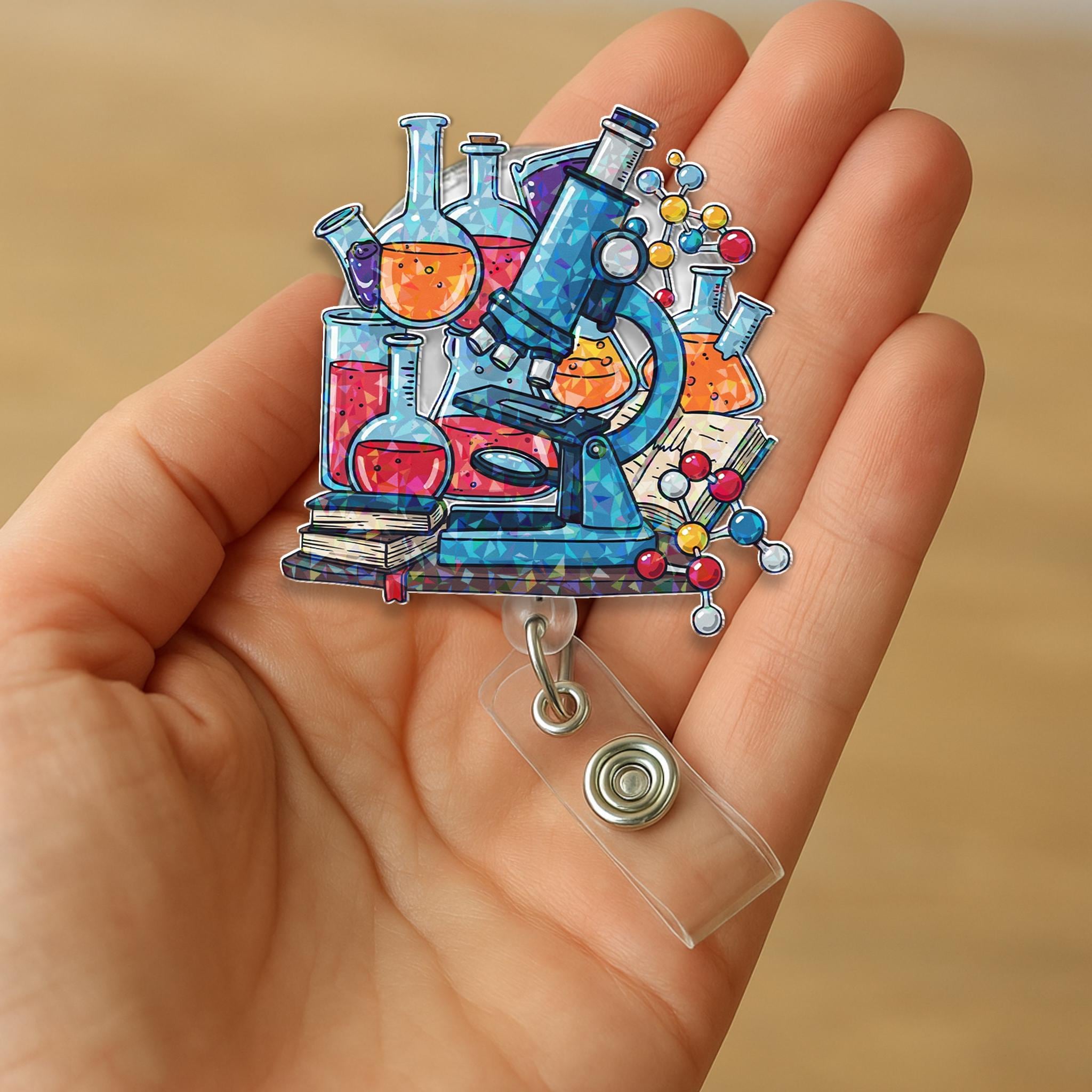 Hologram Science Badge Reel, Lab Microscope ID Clip, Chemistry Badge Holder, STEM Gift, Scientist Accessory, Colorful Science Work Reel