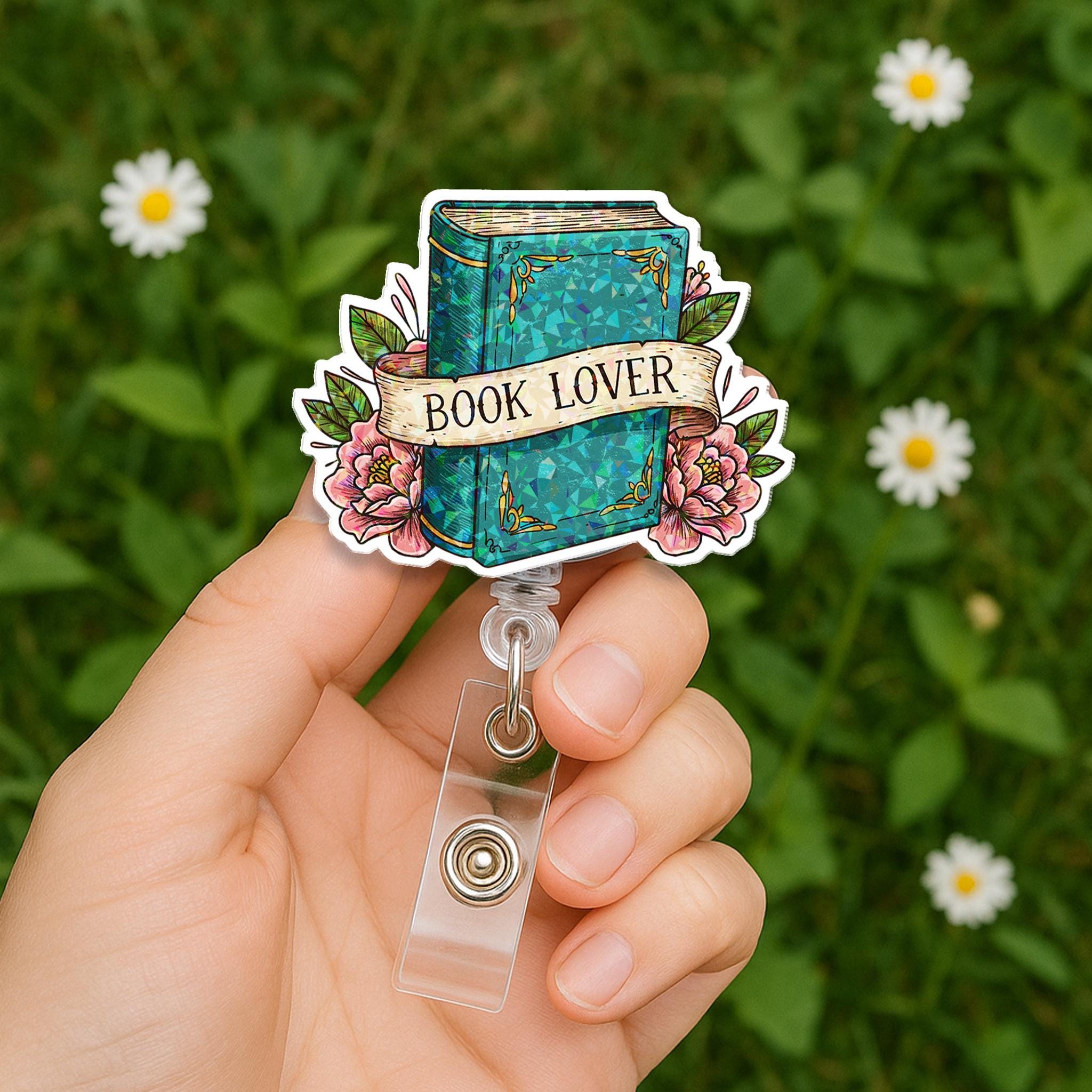 Hologram Book Lover Badge Reel, Cute Bookish ID Clip, Librarian Gift, Reader Badge Holder, Floral Book Nerd Accessory, Teacher Lanyard Reel
