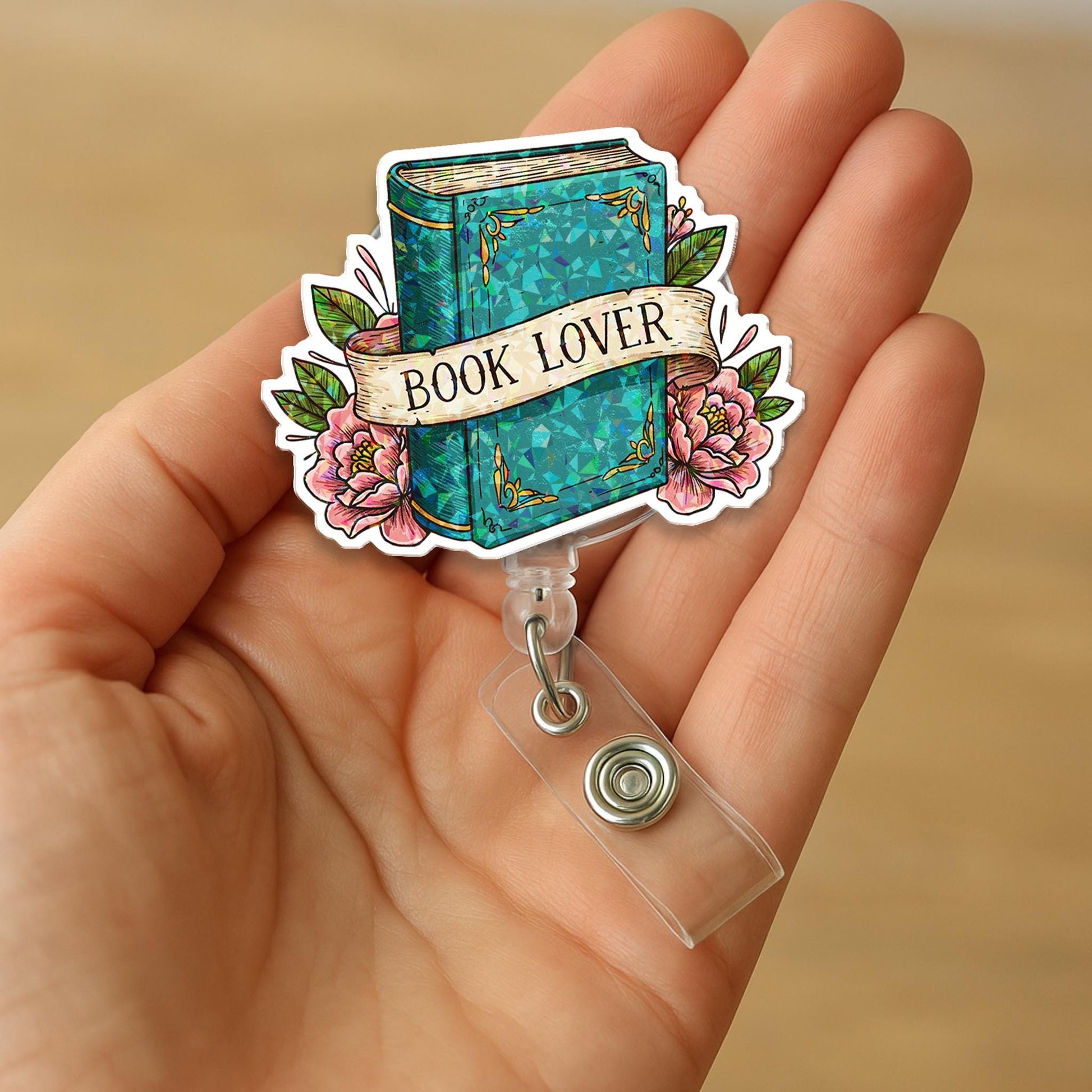 Hologram Book Lover Badge Reel, Cute Bookish ID Clip, Librarian Gift, Reader Badge Holder, Floral Book Nerd Accessory, Teacher Lanyard Reel
