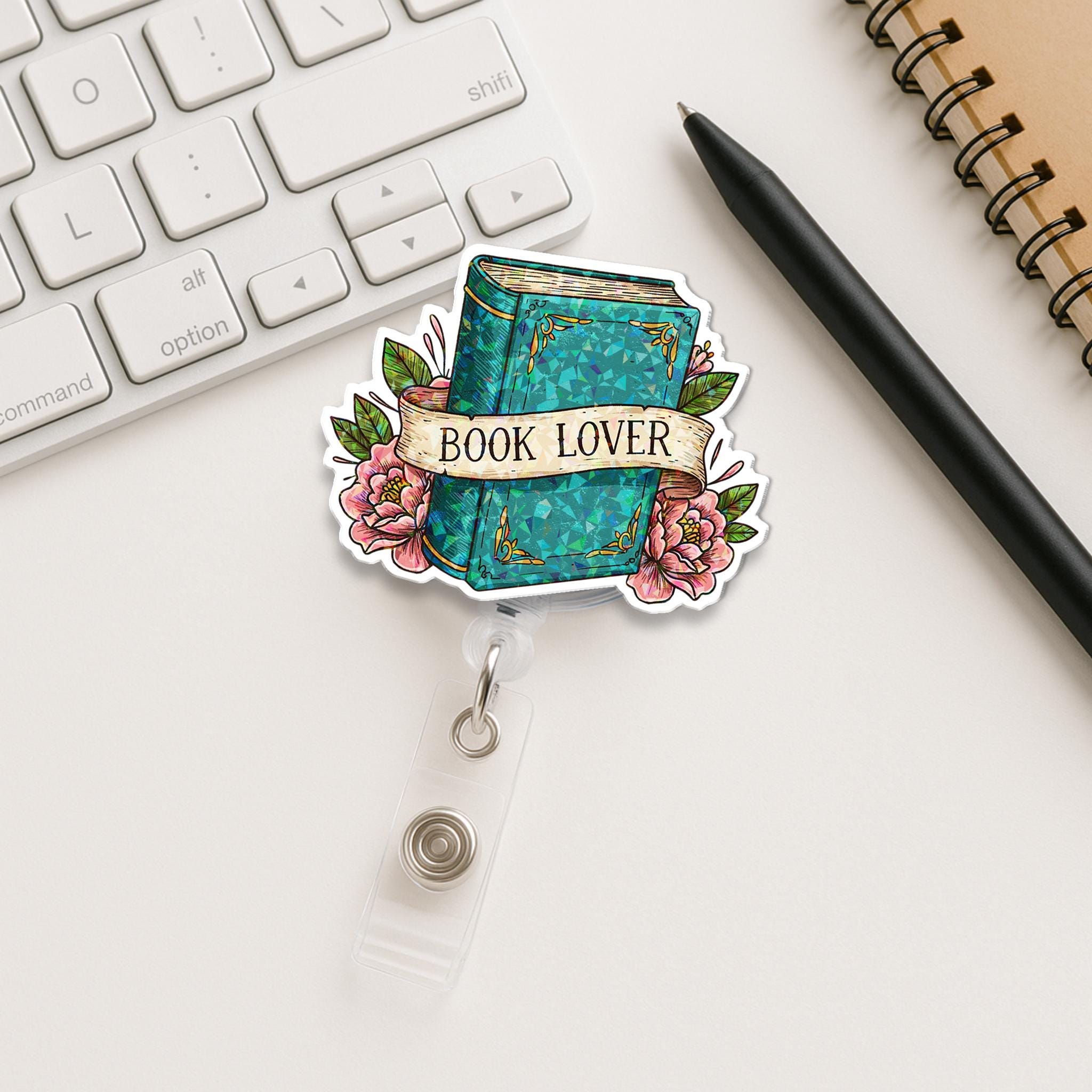 Hologram Book Lover Badge Reel, Cute Bookish ID Clip, Librarian Gift, Reader Badge Holder, Floral Book Nerd Accessory, Teacher Lanyard Reel