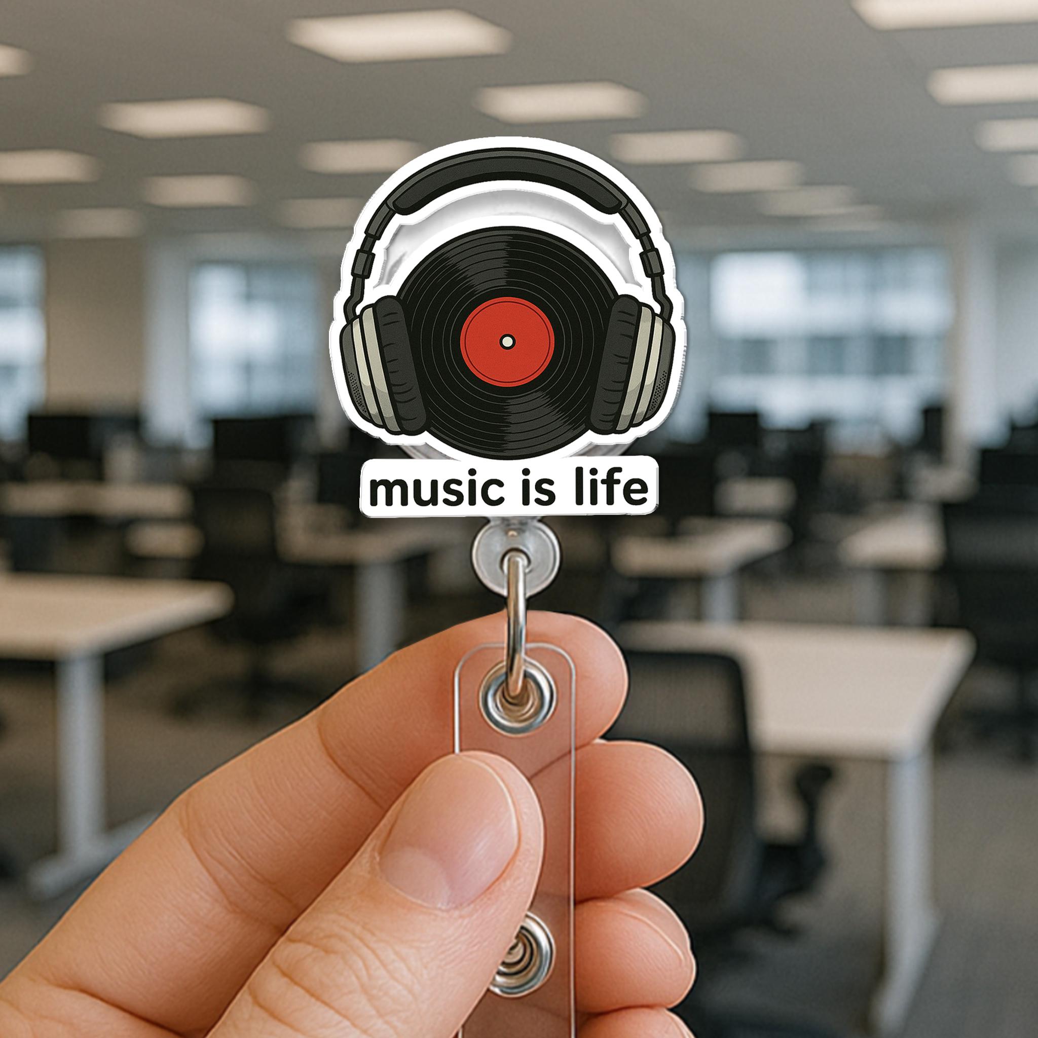 Music Is Life Badge Reel, Vinyl Record ID Holder, Music Lover Gift, Headphones Badge Clip, DJ Nurse Badge Reel, Retro Music Accessory