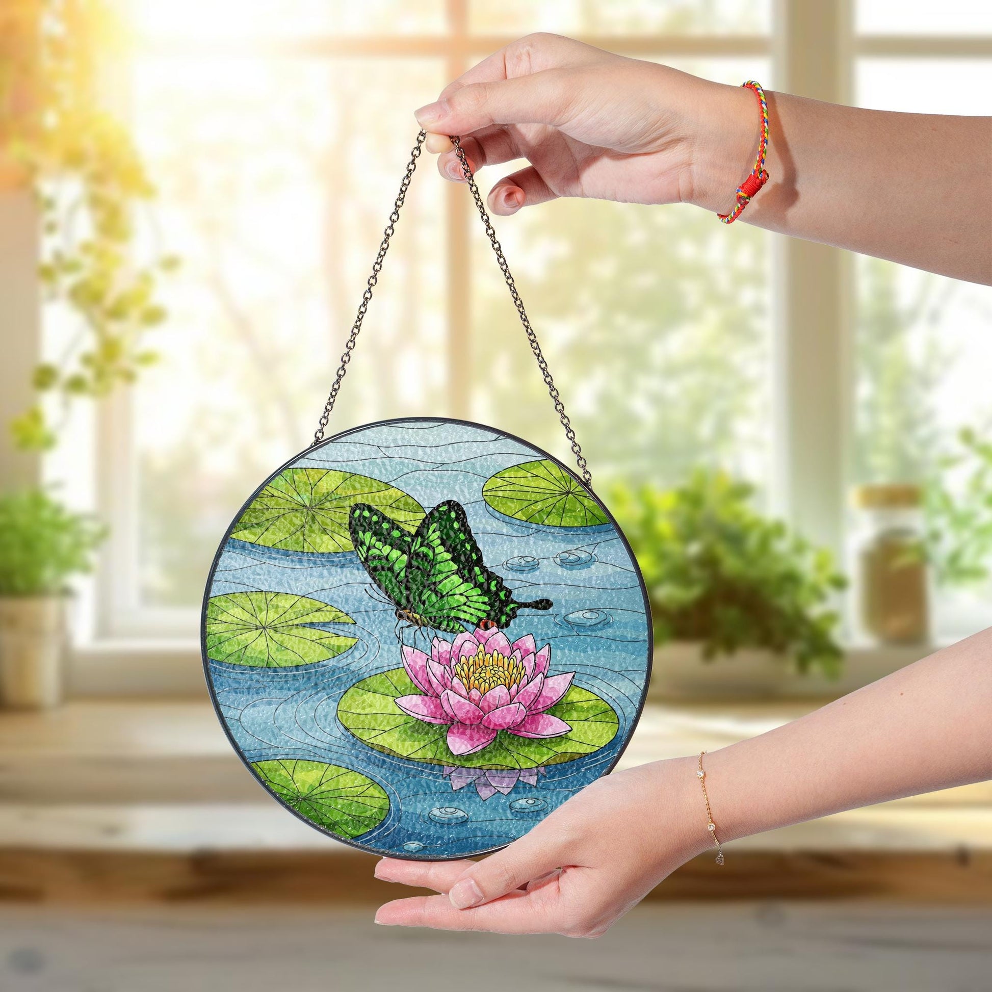 Emerald Swallowtail & Water Lily Glass Suncatcher – Mother’s Day Gift, Butterfly Window Decor, Floral Garden Ornament, Nature Lover Art