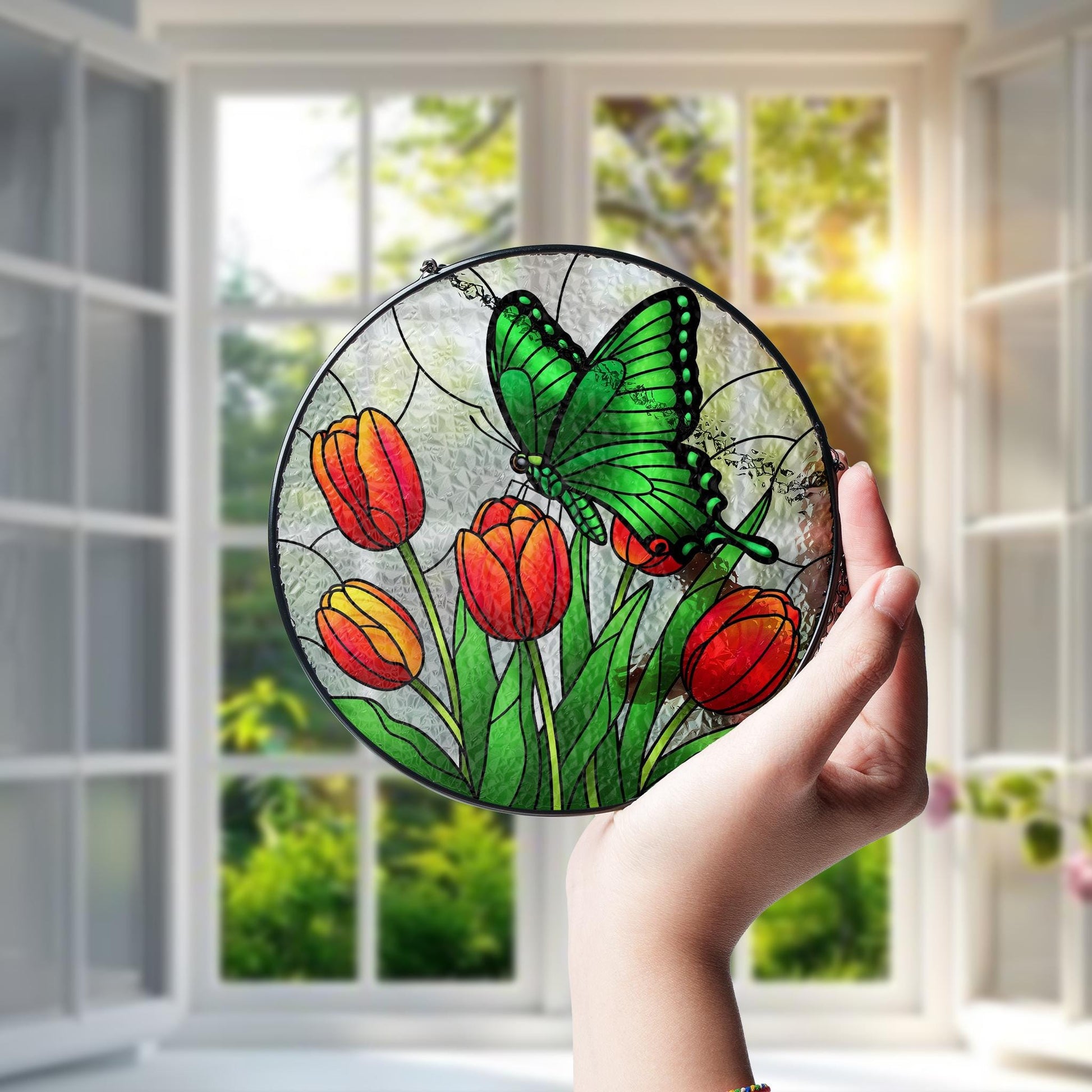Emerald Swallowtail & Tulips Glass Suncatcher – Mother’s Day Gift, Butterfly Window Decor, Floral Nature Ornament, Garden Lover Gift
