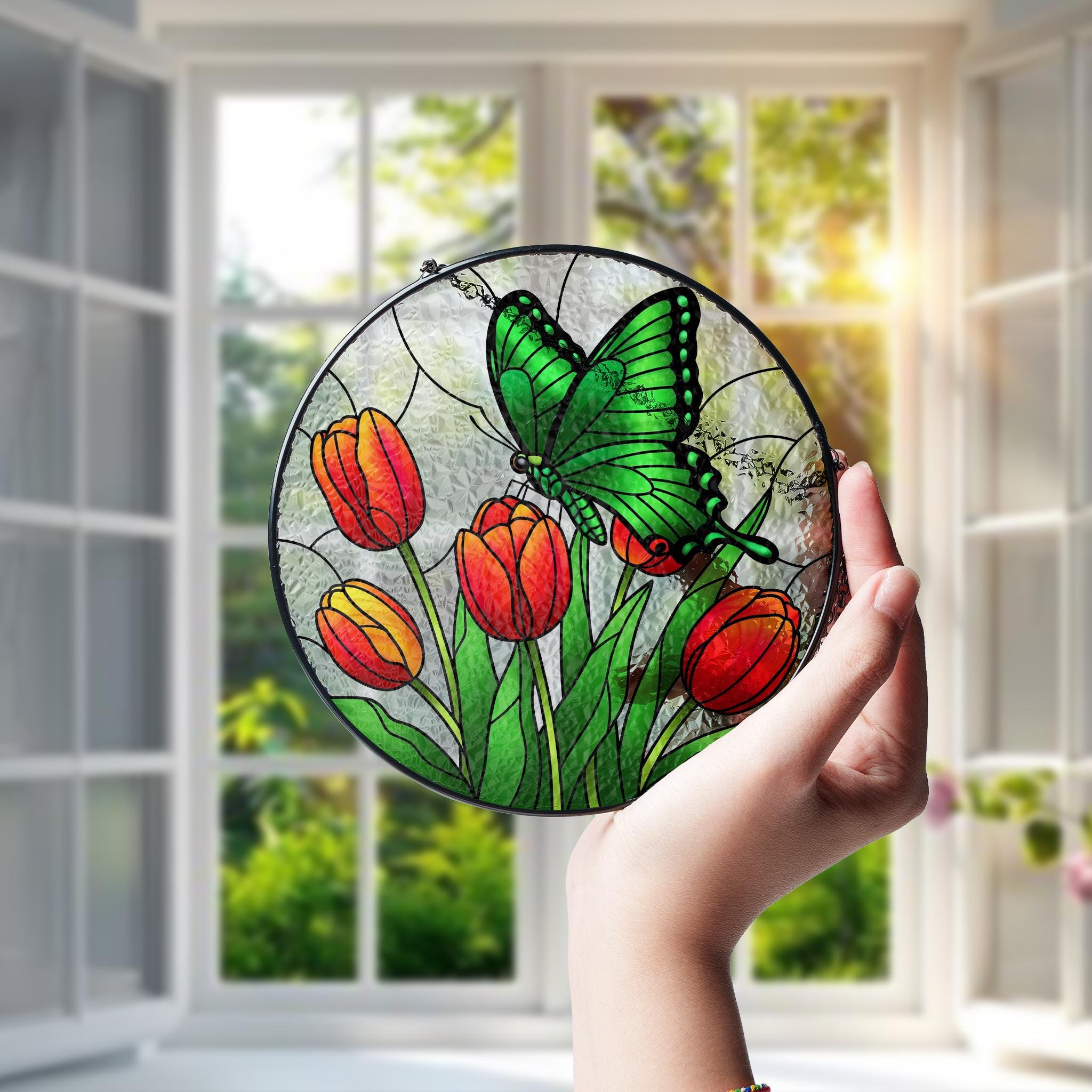 Emerald Swallowtail & Tulips Glass Suncatcher – Mother’s Day Gift, Butterfly Window Decor, Floral Nature Ornament, Garden Lover Gift