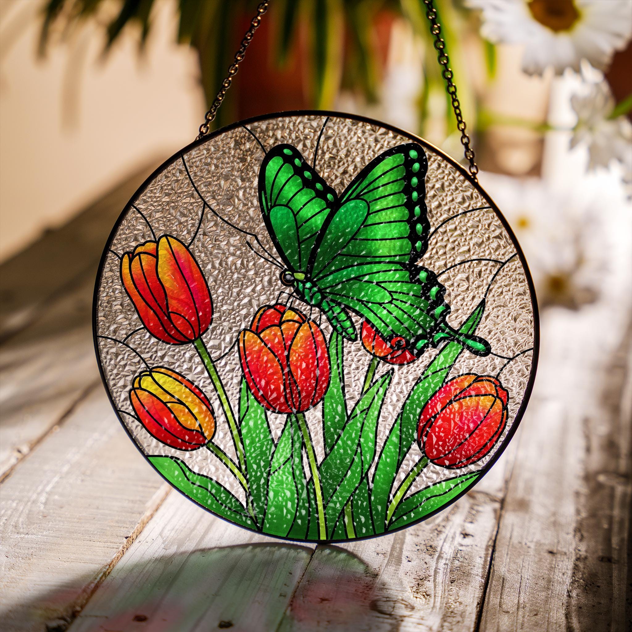 Emerald Swallowtail & Tulips Glass Suncatcher – Mother’s Day Gift, Butterfly Window Decor, Floral Nature Ornament, Garden Lover Gift