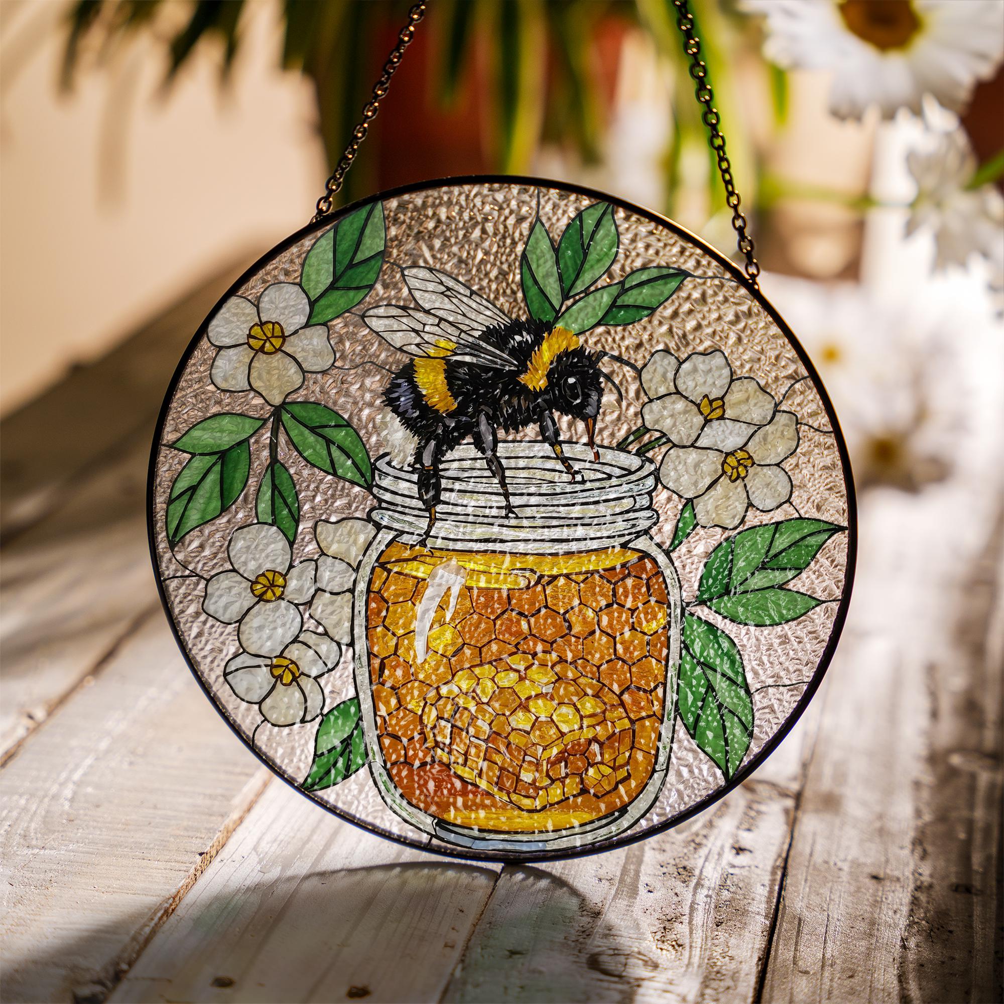 Bee and Honey Jar Glass Suncatcher – Stained Glass Style Floral Window Hanging – Nature-Inspired Home or Garden Decor Gift, Bee Suncatcher