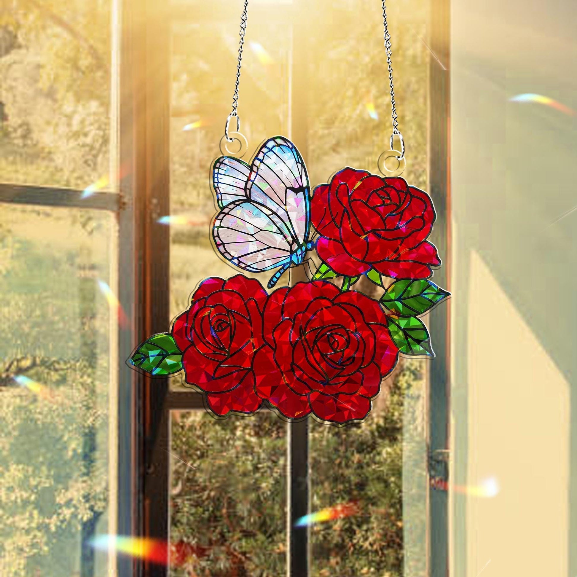 Glasswing Butterfly & Roses Hologram Acrylic Window Hanging – Mother’s Day Gift, Floral Suncatcher, Nature Lover Decor, Garden Window Art
