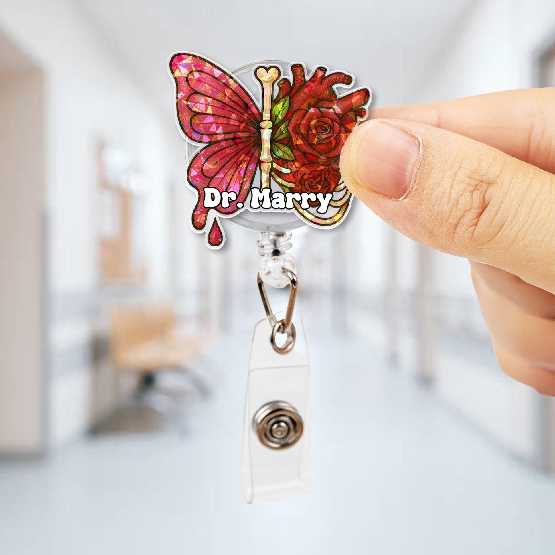 Custom Name Butterfly & Rose Heart Badge Reel – Custom Medical ID Holder – Retractable Clip for Doctors, Nurses, and Healthcare Workers