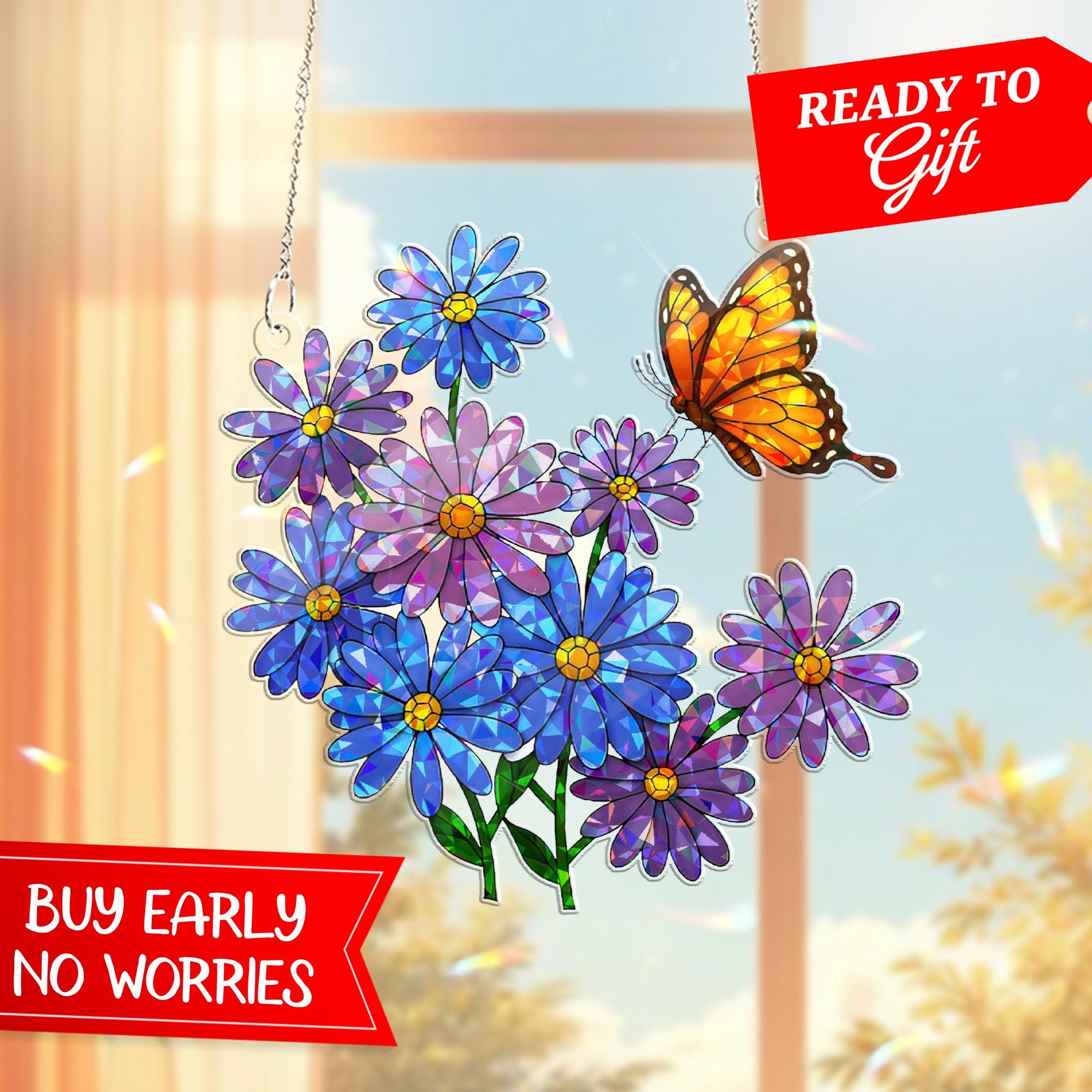 Purple Daisies & Monarch Butterfly Window Hanging – Stained Glass Style Suncatcher – Floral Nature Decor for Home, Garden, or Gifts
