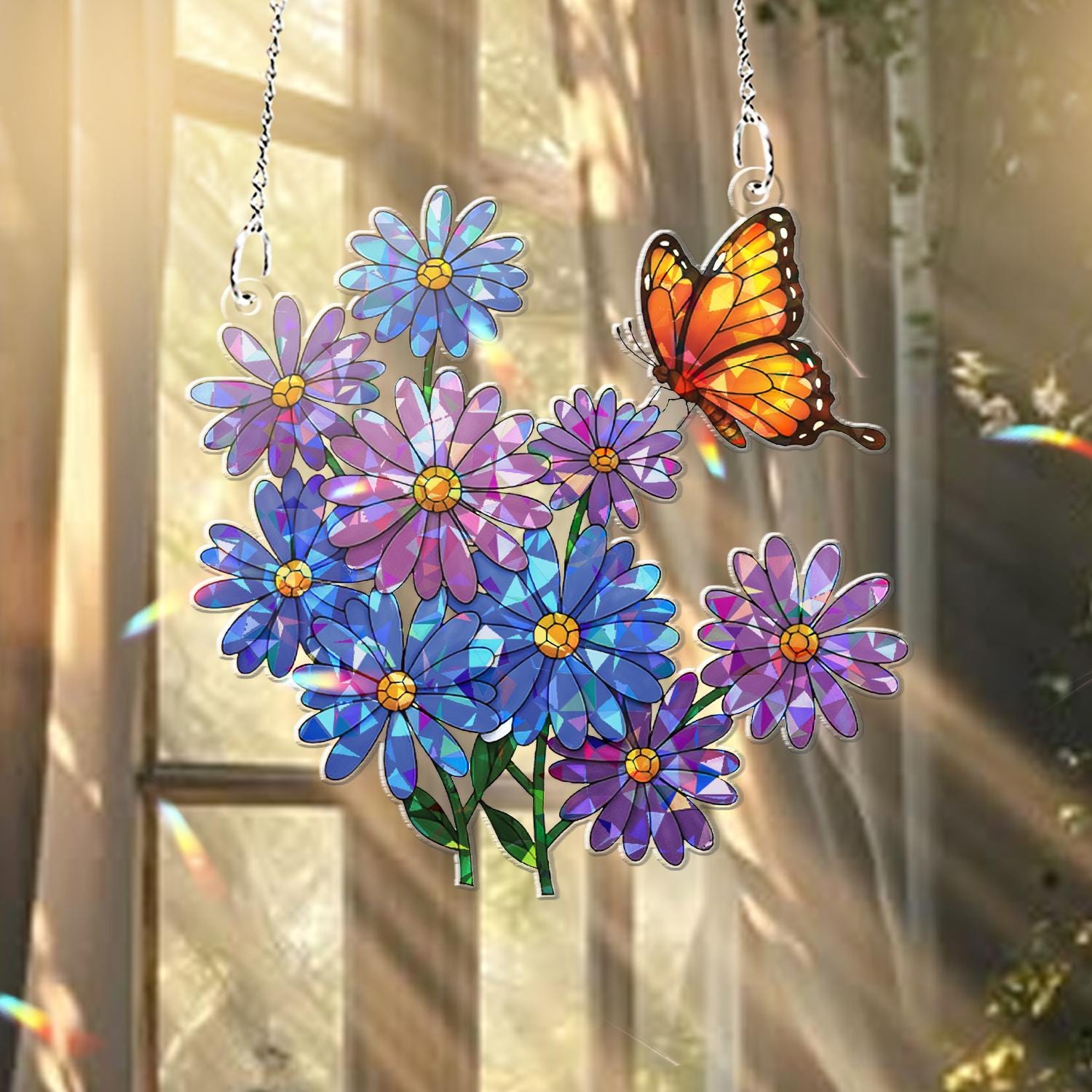 Purple Daisies & Monarch Butterfly Window Hanging – Stained Glass Style Suncatcher – Floral Nature Decor for Home, Garden, or Gifts