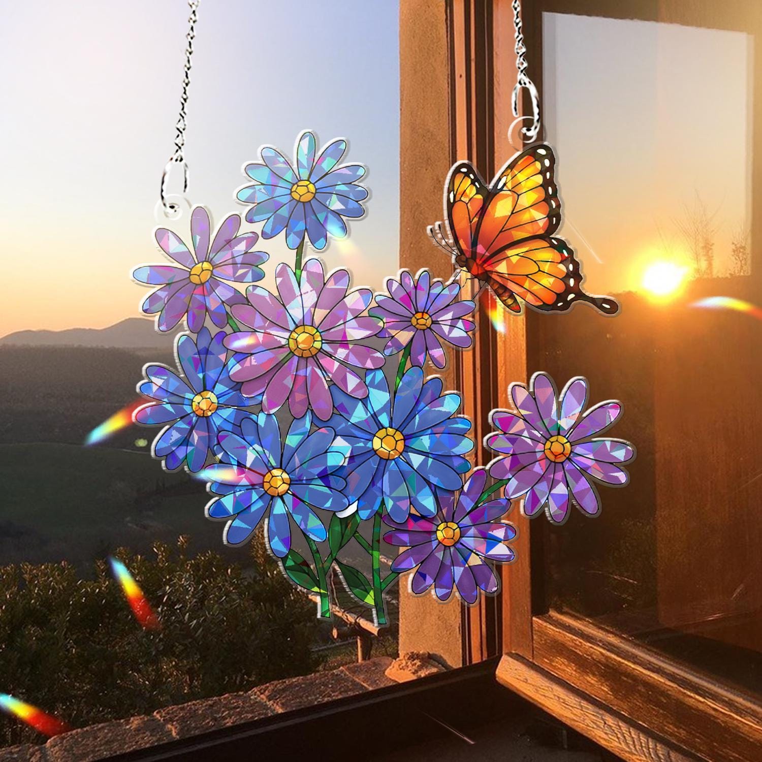 Purple Daisies & Monarch Butterfly Window Hanging – Stained Glass Style Suncatcher – Floral Nature Decor for Home, Garden, or Gifts