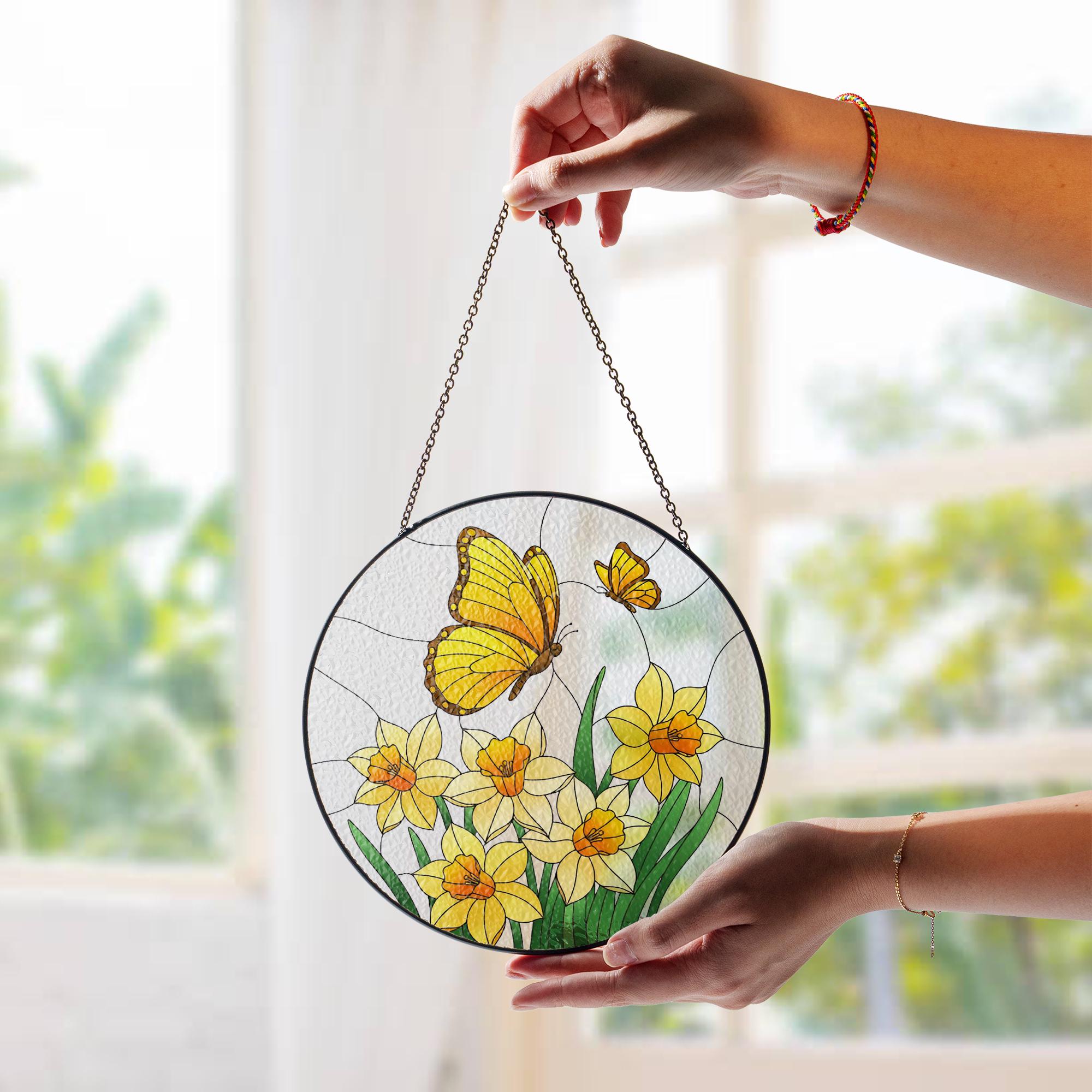 Yellow Butterflies & Daffodils Glass Suncatcher – Stained Glass Style Floral Window Hanging – Spring Nature Decor for Home or Garden