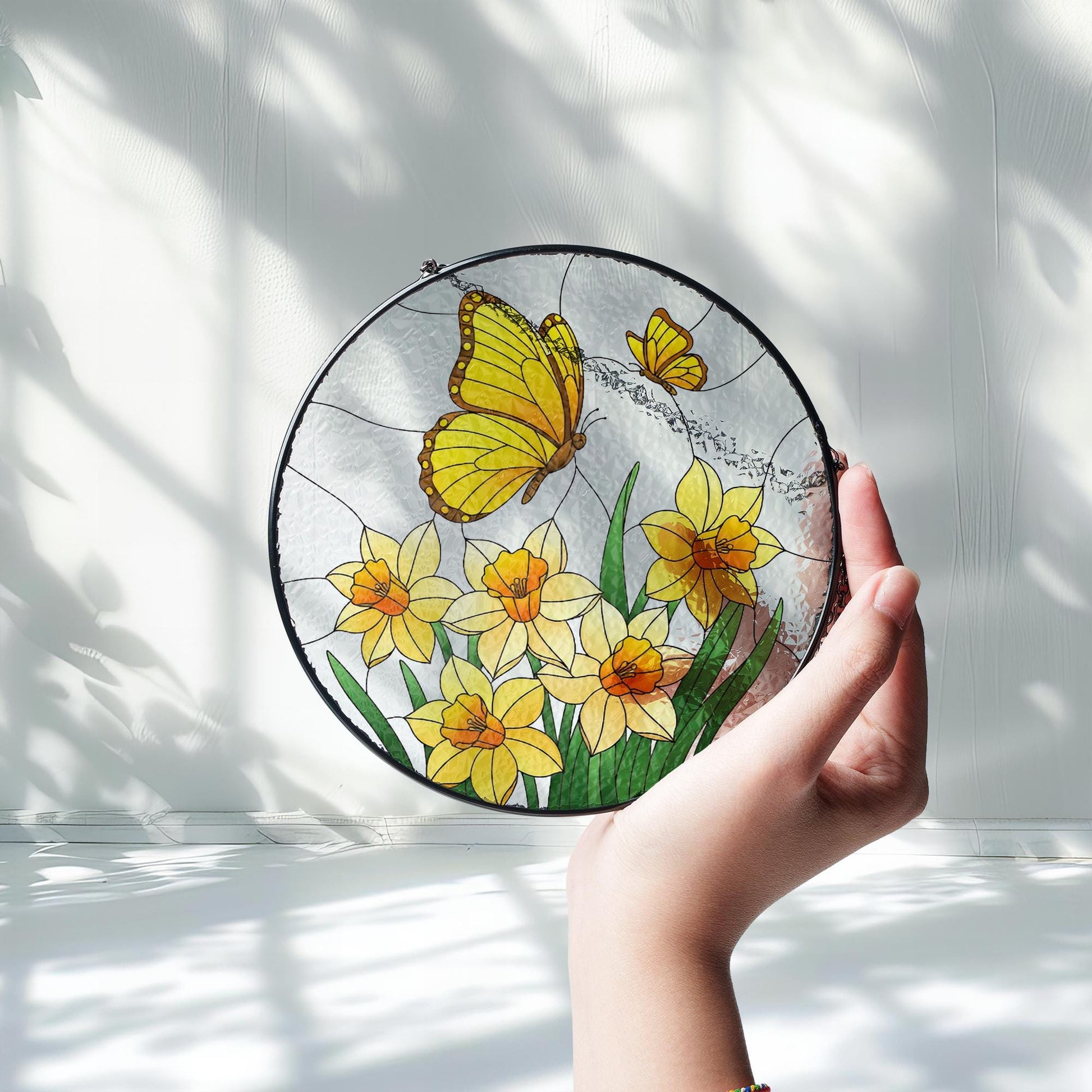 Yellow Butterflies & Daffodils Glass Suncatcher – Stained Glass Style Floral Window Hanging – Spring Nature Decor for Home or Garden