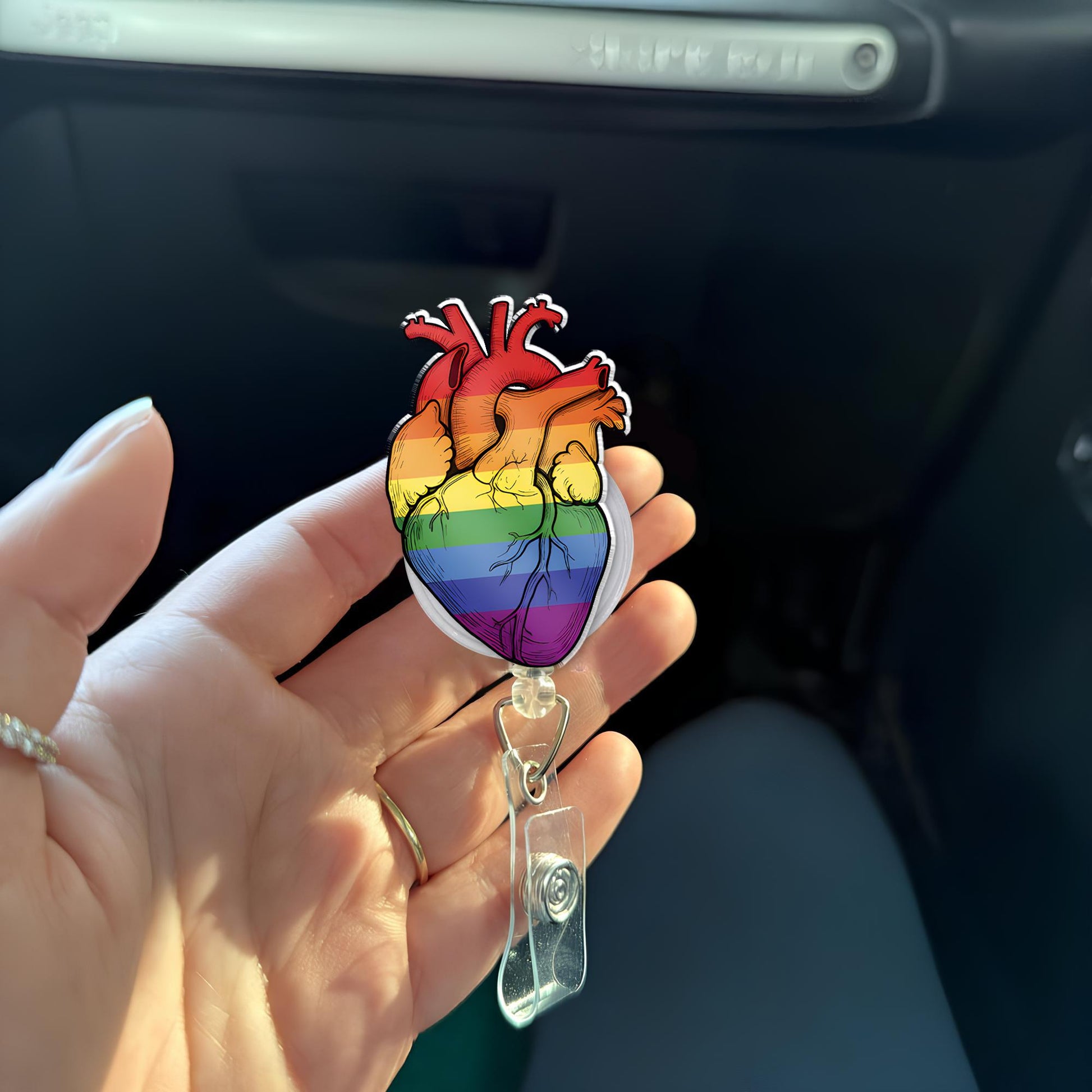 Rainbow Anatomical Heart Badge Reel, LGBTQ Nurse Gift, Pride ID Holder, Queer Medical Accessory, Nurse Gift, Colorful Heart Retractable Reel