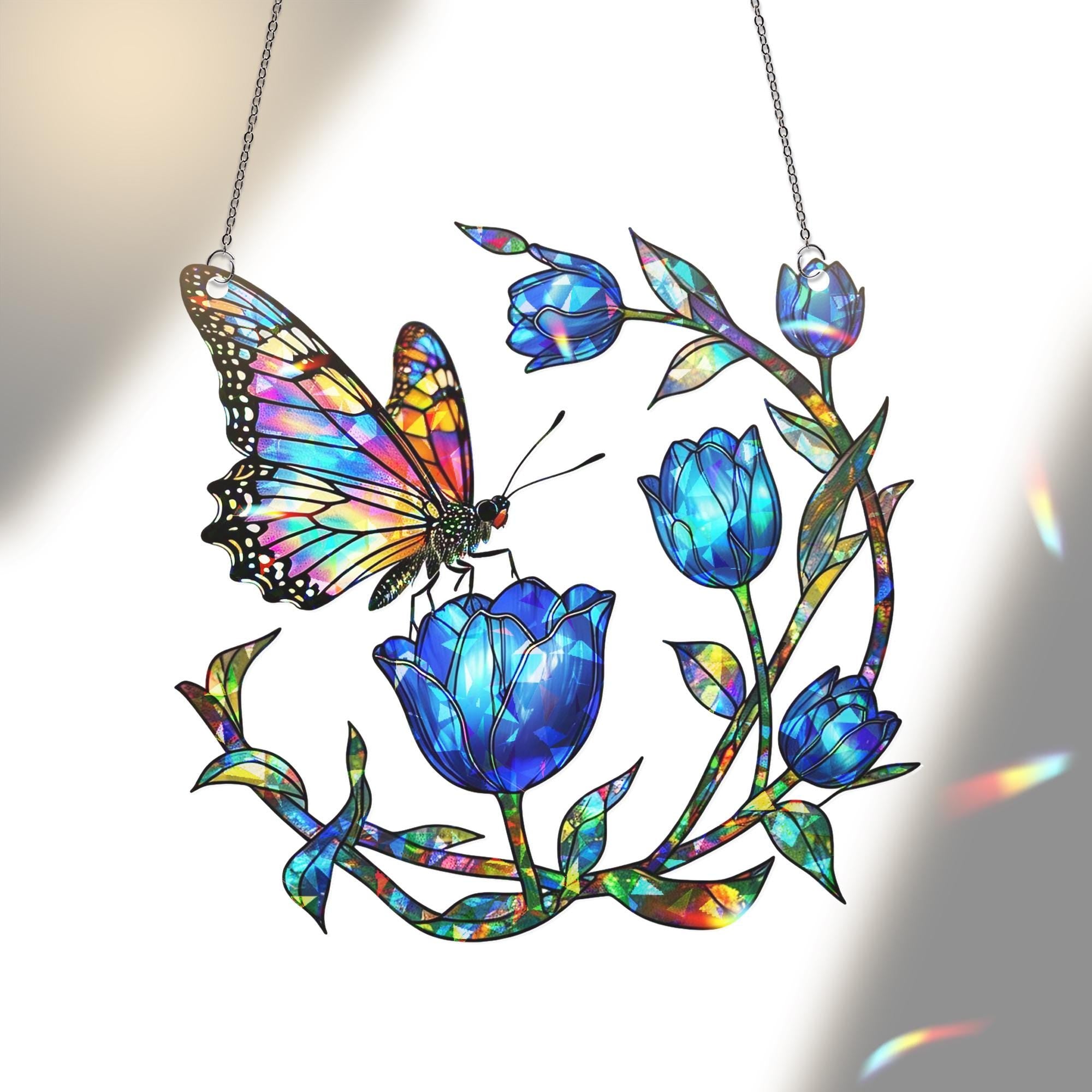 Hologram Butterfly & Blue Tulip Acrylic Window Hanging Ornament, Colorful Floral Window Decor, Nature Lover Spring Gift Idea,Butterfly Lover