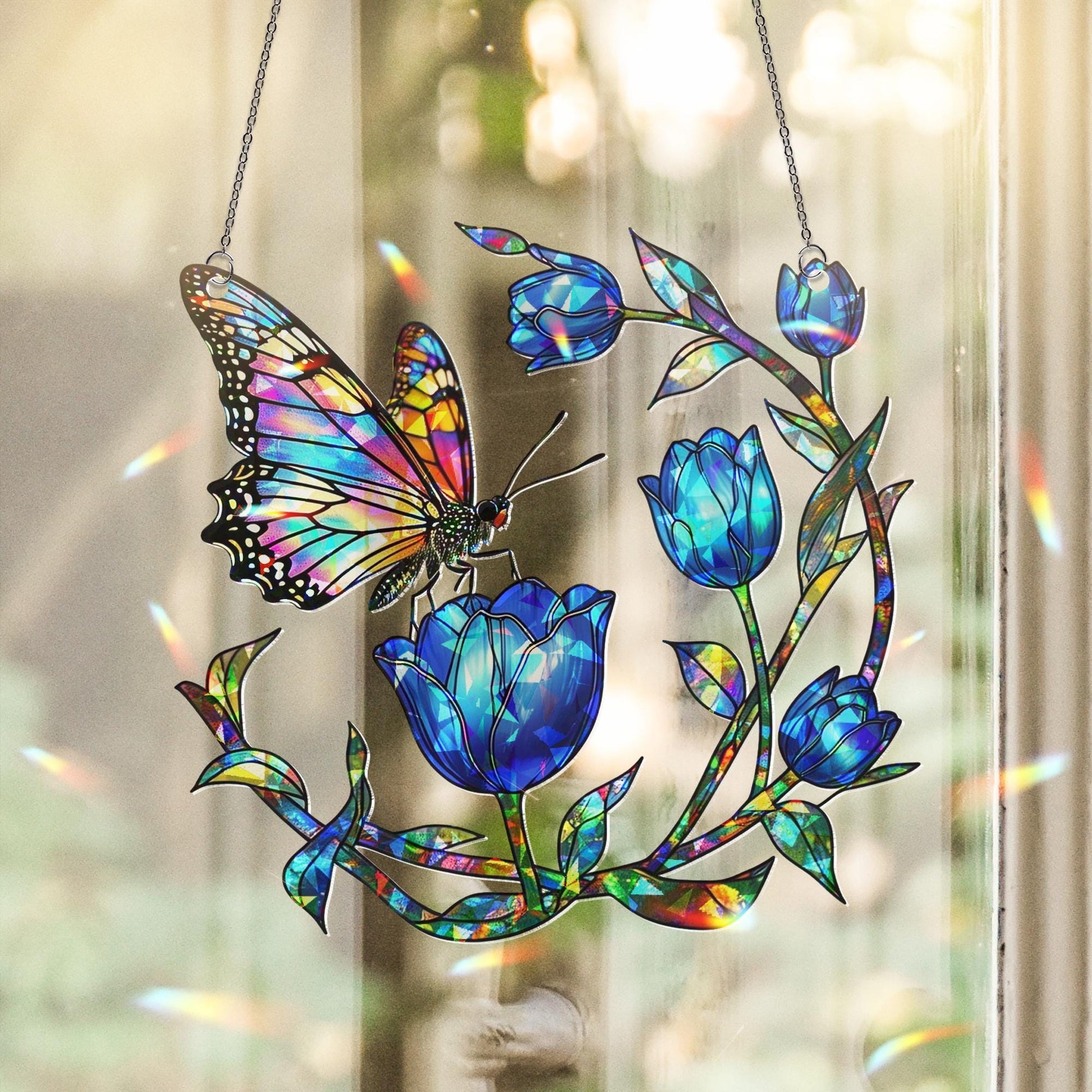 Hologram Butterfly & Blue Tulip Acrylic Window Hanging Ornament, Colorful Floral Window Decor, Nature Lover Spring Gift Idea,Butterfly Lover