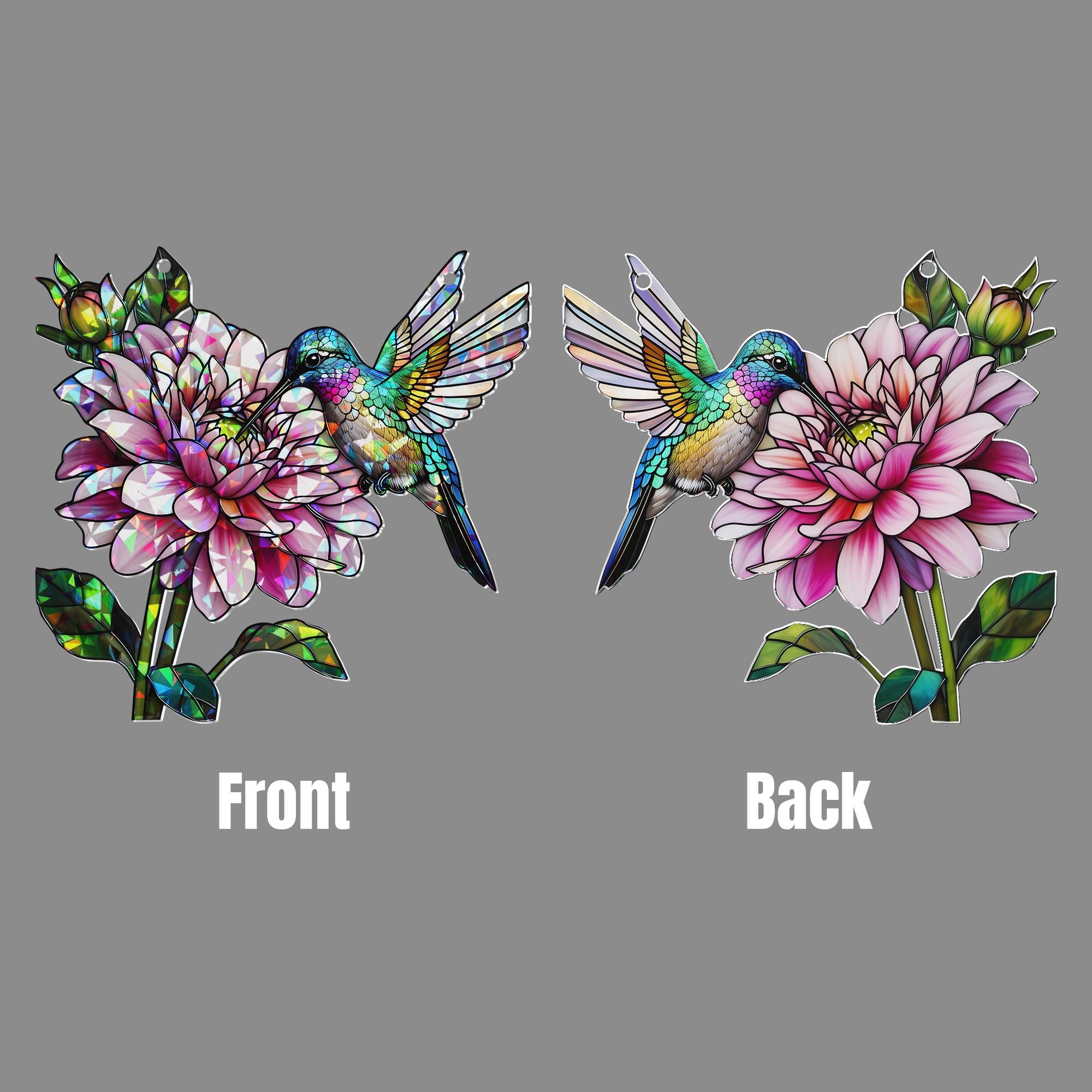 Hologram Hummingbird & Dahlia Flower Acrylic Window Hanging Ornament, Bird Nature Lover Decor Gift, Floral Home Decor, Nature Lover Gift